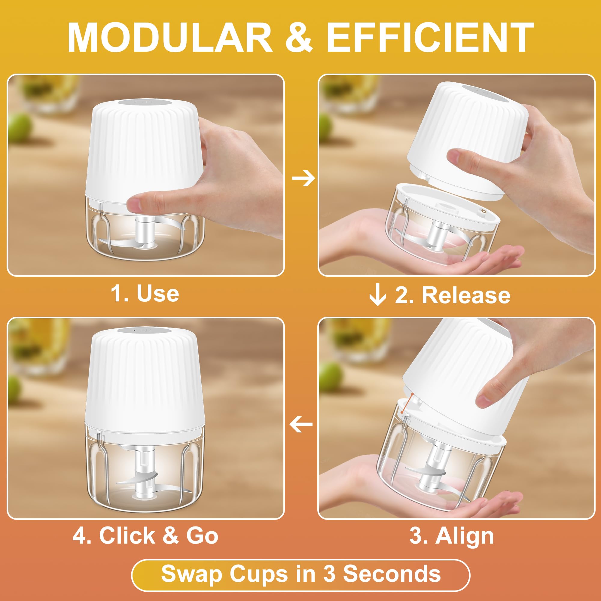 Picadora de ajo eléctrica de 100 + 250 + 400 ml, picadora de ajo de 6 cuchillas, mini picadora de verduras portátil USB, molinillo de cebolla, procesador de alimentos pequeño para jengibre, chile