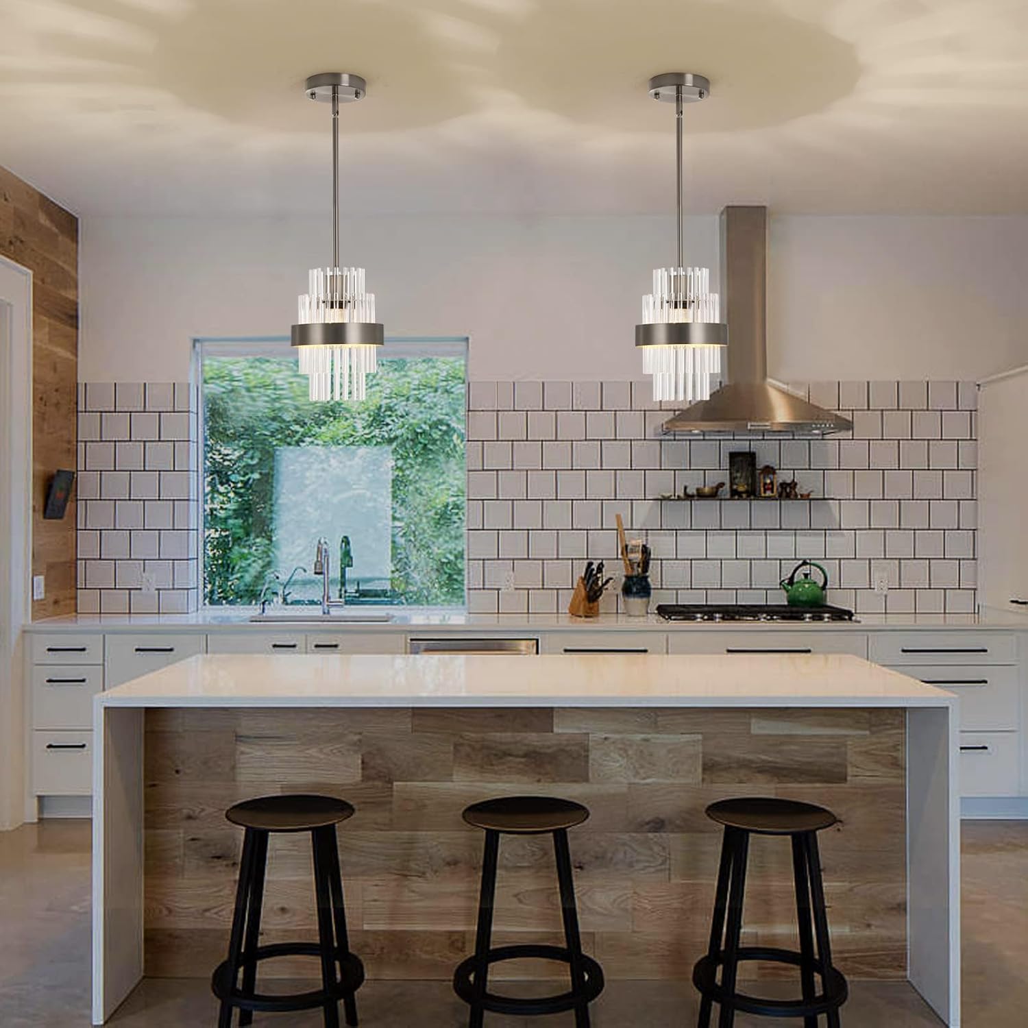 Pendant Light Fixtures, 7inch Modern Glass Pendant Lighting, Brushed Nickel Kitchen Island Pendant Lights, Height Adjustable Pendant Lighting (Brushed Nickel, 1 Pack)
