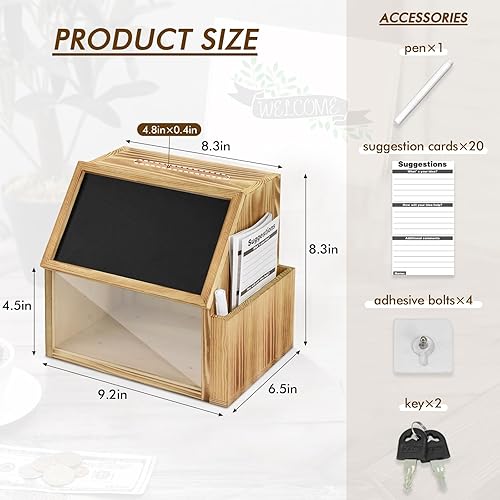 Miniatura 6 de Caja de sugerencias de madera con cerradura, urna de donación retro con pizarra de bloqueo de ranura, gota de dinero B para propinas, comentarios de