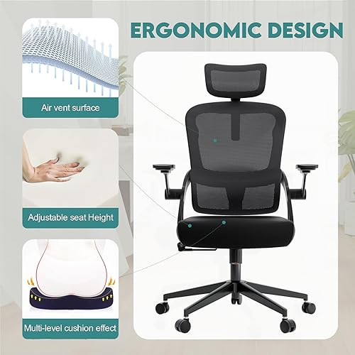 Miniatura 52 de Silla de oficina ergonómica, silla de escritorio ajustable de malla resistente con ruedas, reposabrazos y soporte lumbar, cómoda silla para oficina