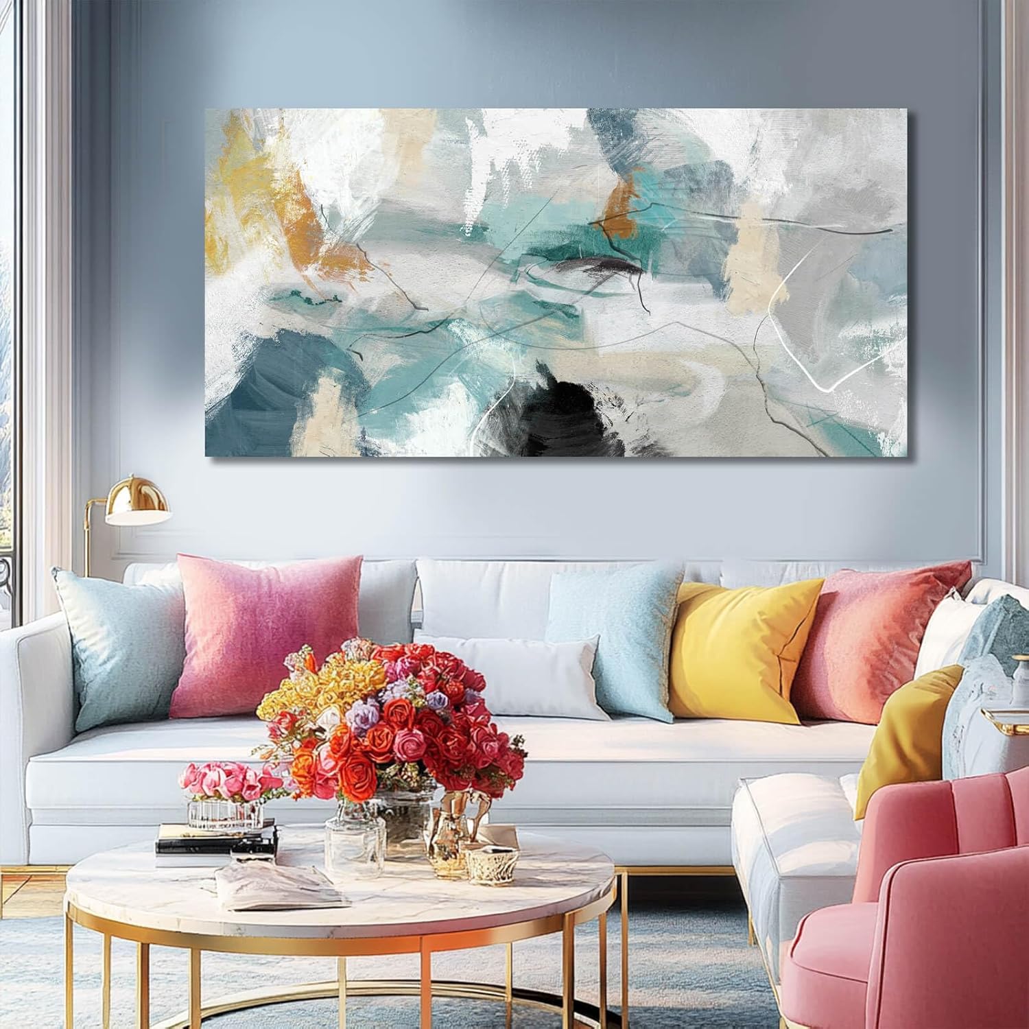 SOUGUAN Canvas Wall Art for Living Room Abstract Pictures Green Wall Decor Home Decor Teal Print Arts for Office 24"x48" - Image 2