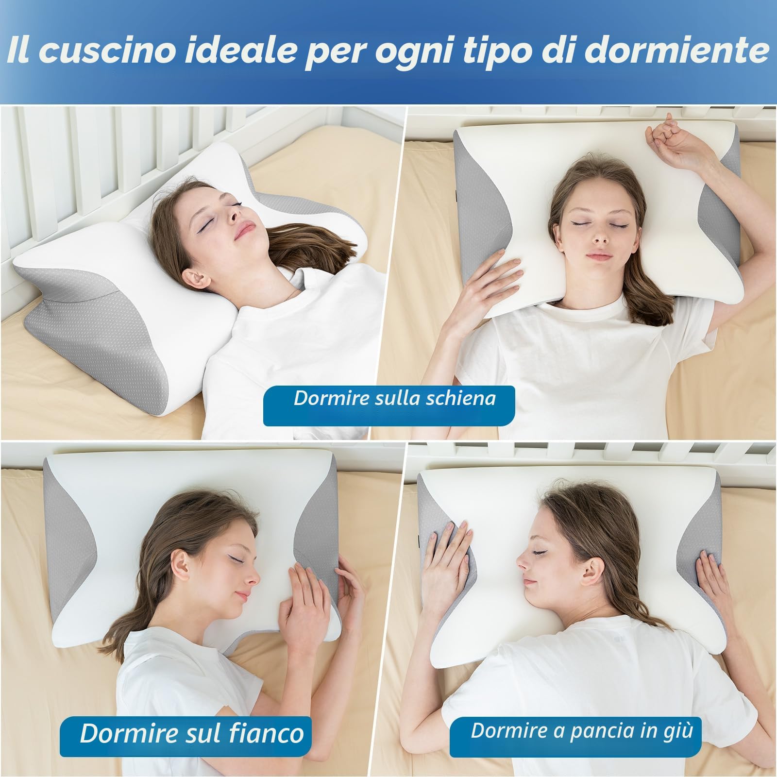 HOMCA Cuscino Cervicale per Dormire, 2 in 1 Cuscinoin Memory Foam, Cuscino Ergonomico di Supporto per il Collo con Federa di Raffreddamento, 60x40x12/14cm