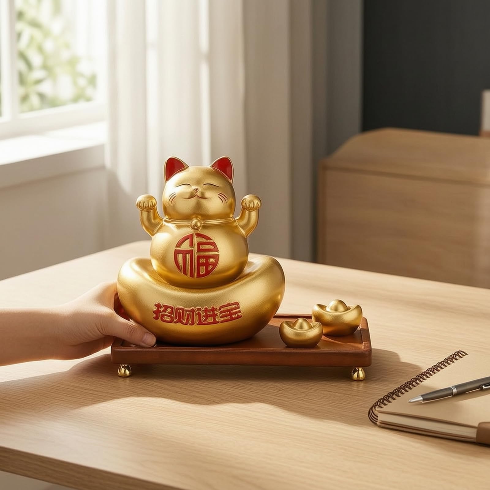 Figurine Décorative en Résine Chat Porte- Neko Statue Sculpture Ornement et Pieds Métal Doré Caractère Chinois en Relief Adaptée à Bureau Réception Plan de Travail, Crème De Café