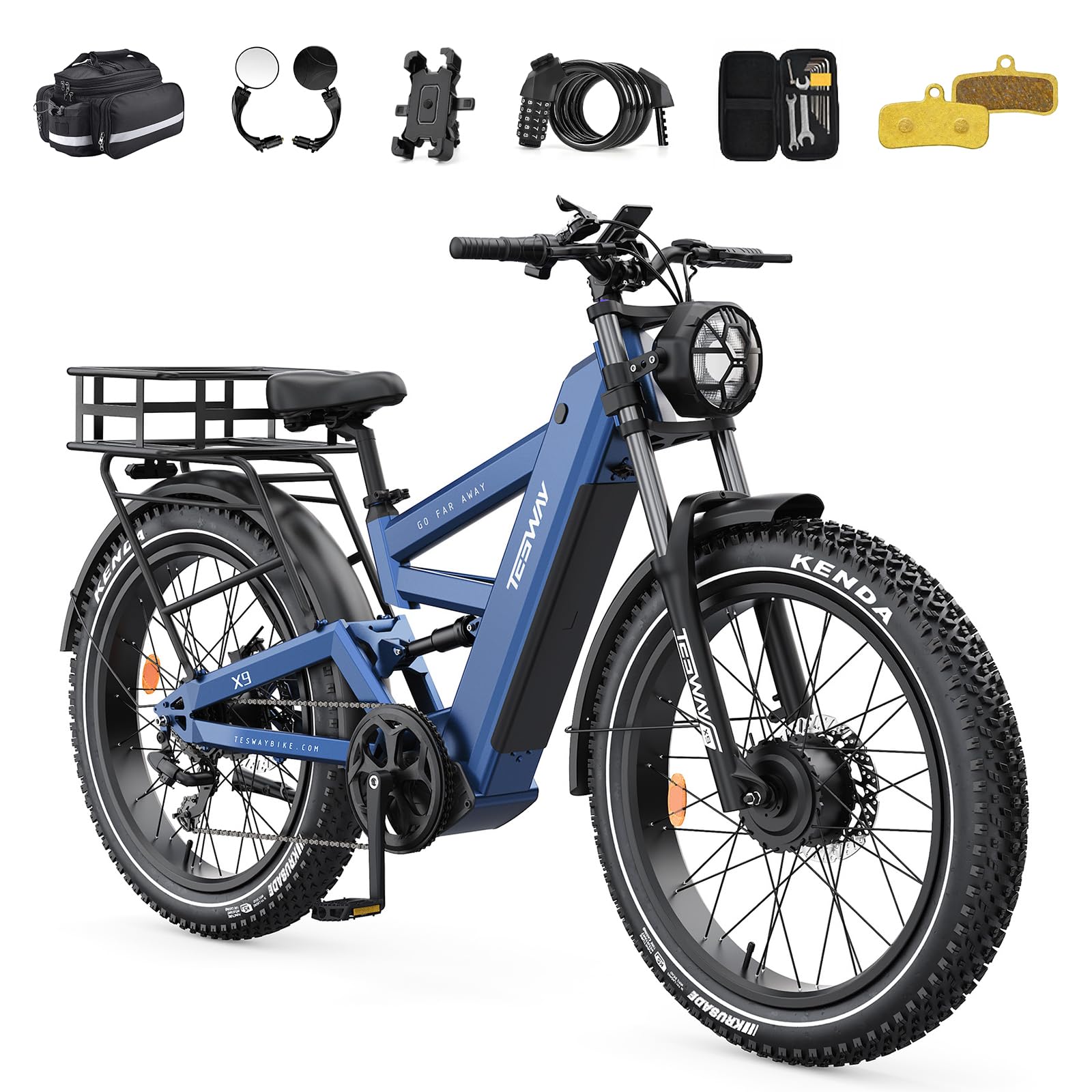 TESWAY X9 Ultra Dual Motor Ebike, 60V 30Ah 200KM/120 Miles Long Range, 4000W 43MPH 240NM, 26" Fat Tire Full Suspension AWD Electric Bike for Adults