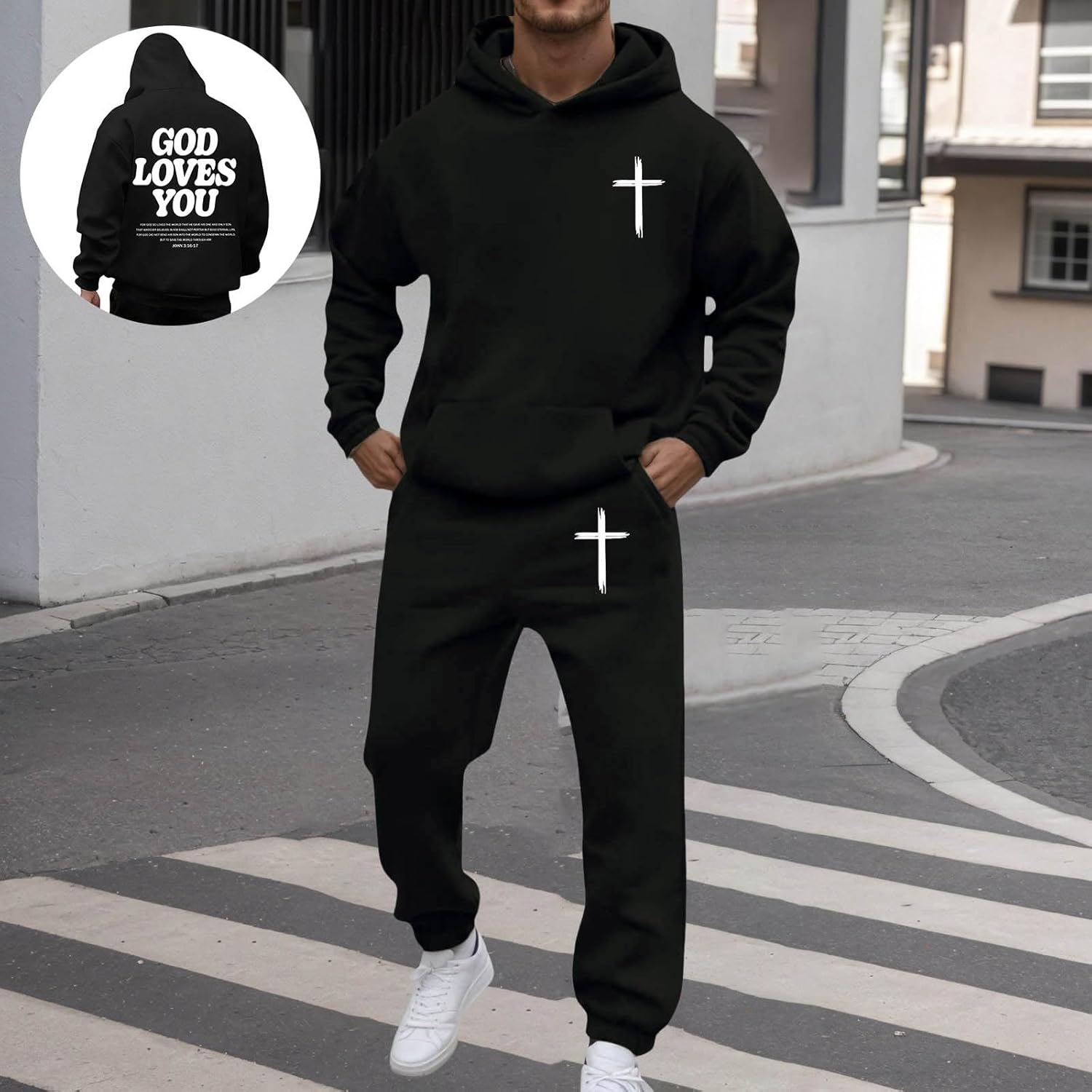 Men's Tracksuit 2 Piece God Loves You Christian Faith Hoodies Sweatshirts and Jogging Sweatsuits Sets Gym Sweat Suits Black M