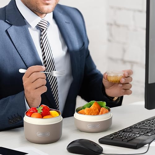 Miniatura 5 de Dandat 4 cajas Bento aisladas, contenedor portátil de acero inoxidable para alimentos, redondo, apto para microondas, apilable, a prueba de fugas,