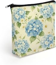 BlueHydrangeaDaisyPattern Printed Linen Makeup Bag for Women, Portable Toiletry Pouch with Zipper, Aesthetic Cosmetic Organizer for Travel And Daily Use, 8.3 X 7.5 Inch Small Storage Bag for Purse, In