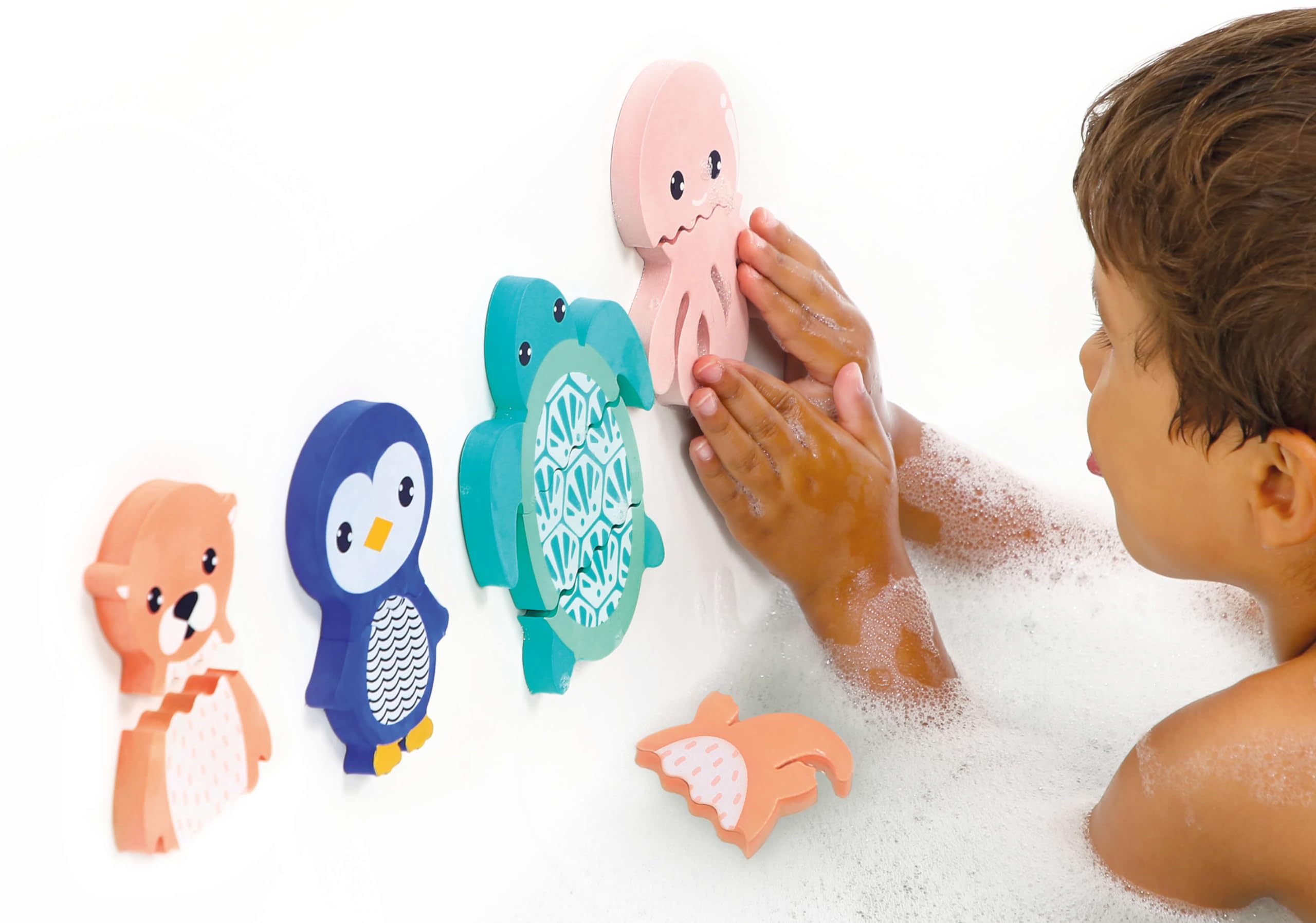 LUDI - Mix & Match - Jouet De Bain - 4 Animaux en Mousse À Assembler - Pièces Interchangeables - Flottantes - Dès 10 Mois - pour Jouer dans Le Bain - 1 Tortue, 1 Pieuvre, 1 Loutre, 1 Pingouin