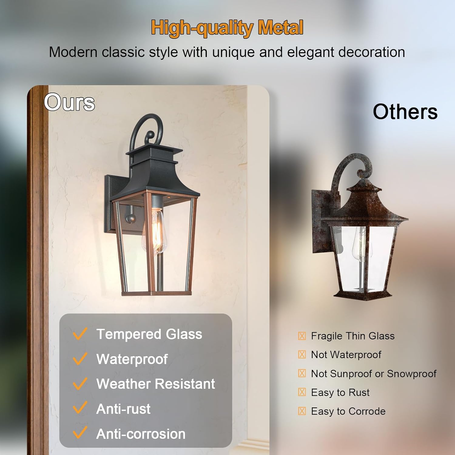 ALVIME Outdoor Wall Lights, Brushed Gold Finish Exterior Wall Lanterns, Metal Waterproof Porch Light Fixtures for House, Patio, Garage, E26 Base&High Strength Clear Glass