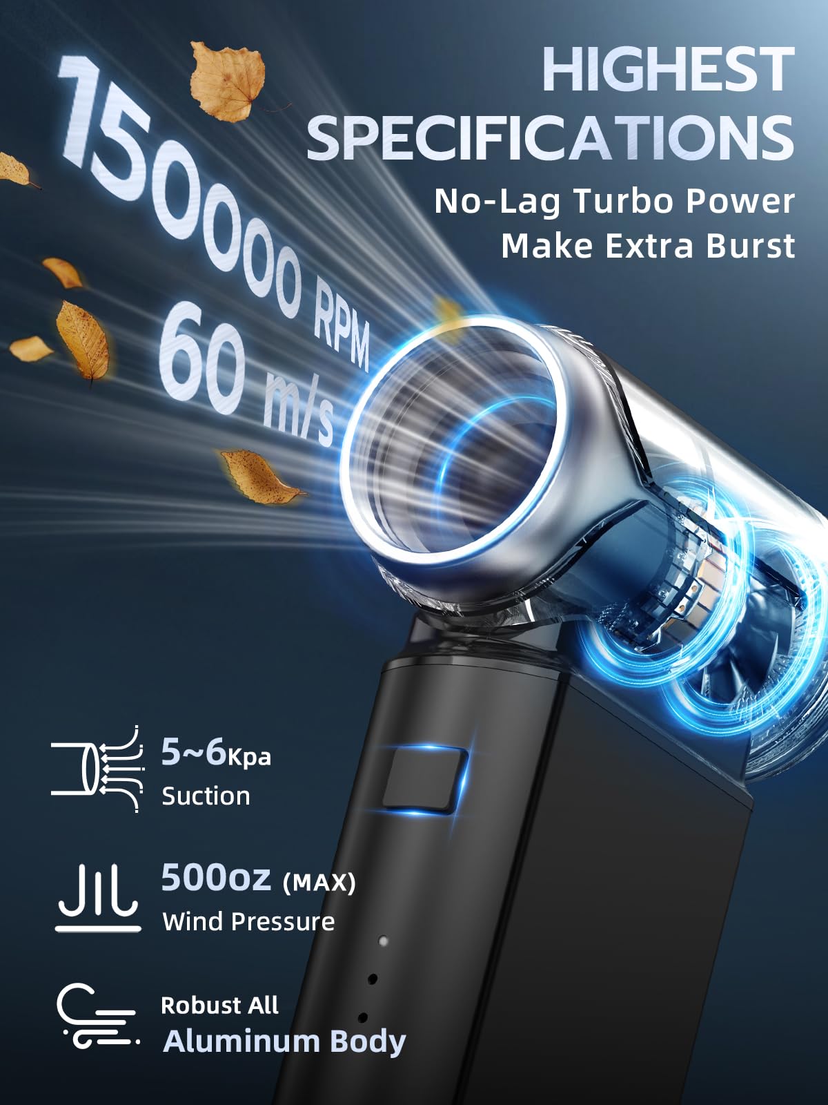 Smiling Shark Elektryczna dmuchawa do kurzu, J02 super moc 150 000 obr./min, z aluminium, mini dmuchawa z 2 trybami pracy (normalny i burzowy) i akumulatorem 8000 mAh do czyszczenia komputera