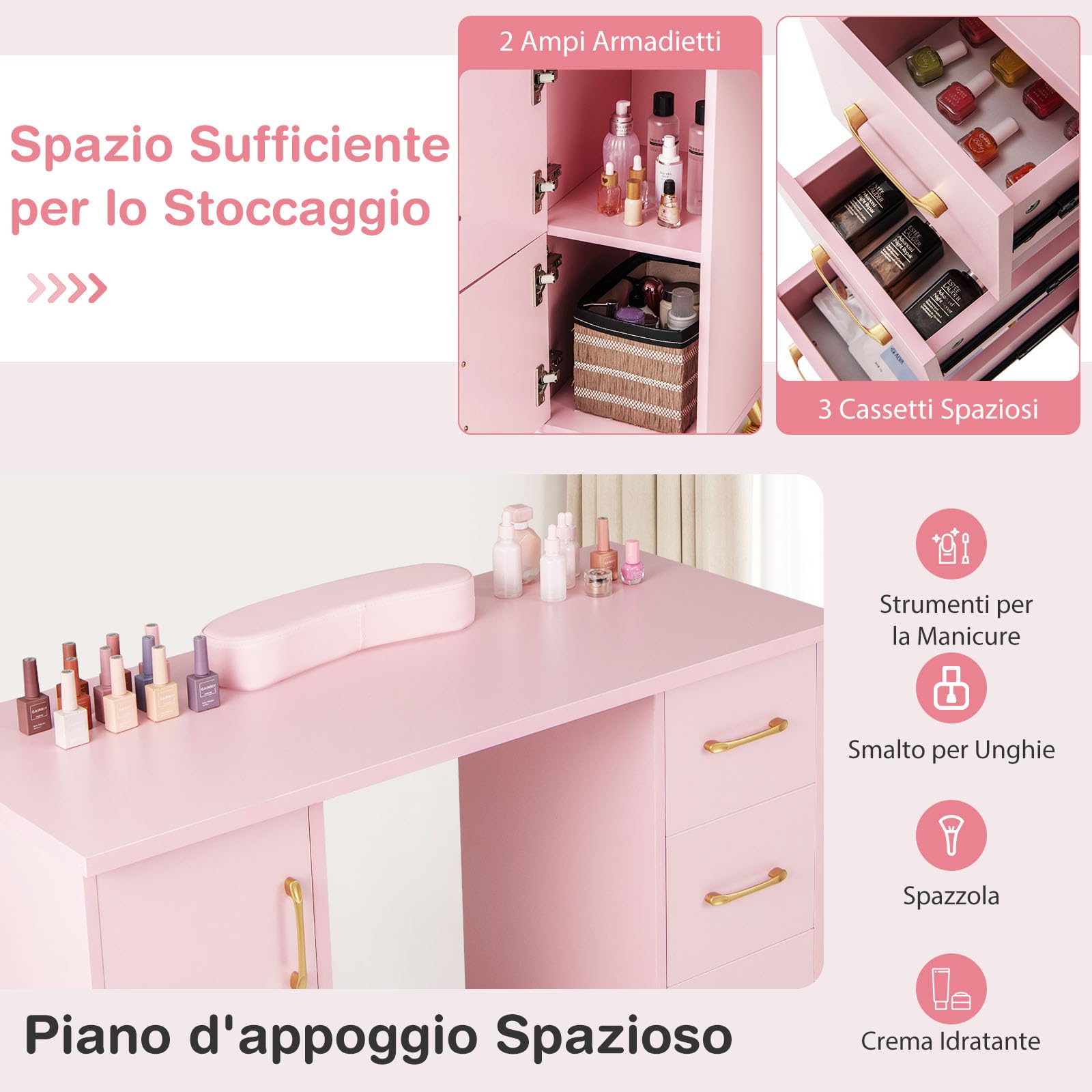 GYMAX Tavolo da Manicure, Stazione Tavolo per Tecnico Unghie, Cuscino per Polso, 8 Gambe in Metallo, 3 Cassetti e 2 Armadi, Stazione di Lavoro in Legno per Arte Unghie per Salone di Bellezza (Rosa)