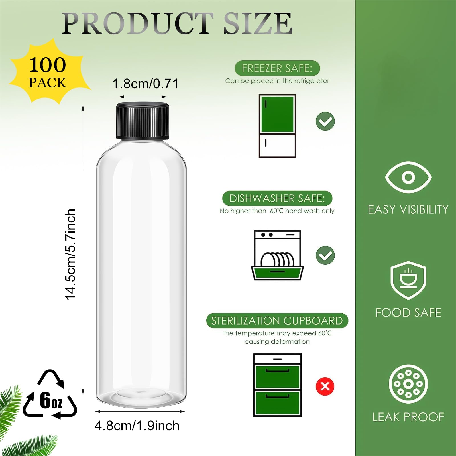 Dandat 100 Stück Kunststoff-Saftflaschen mit Kappen, transparent, leere wiederverwendbare transparente Getränkebehälter mit Deckel, Etikett, Stift für Milch, Trinktrank, Ingwer-Shots, Whiskey (170 ml)