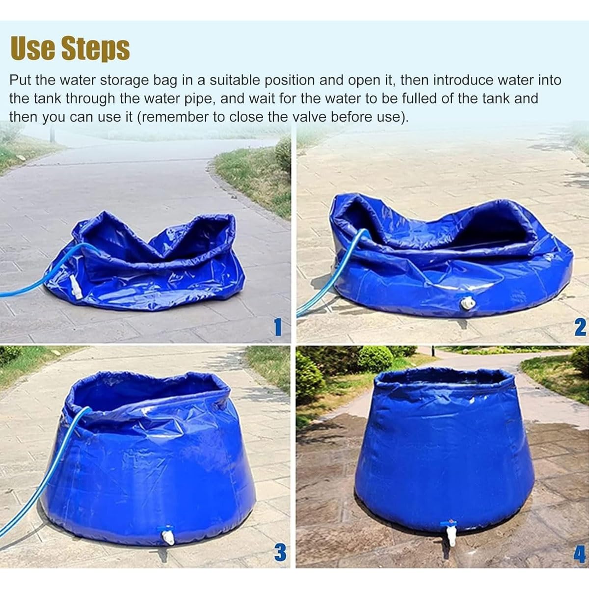 Esta Bolsa de Almacenamiento de Agua de Emergencia es un depósito de Transferencia de Agua de Gran Capacidad con Grifo para la recolección de Agua de Lluvia, con diseño Plegable para Uso en