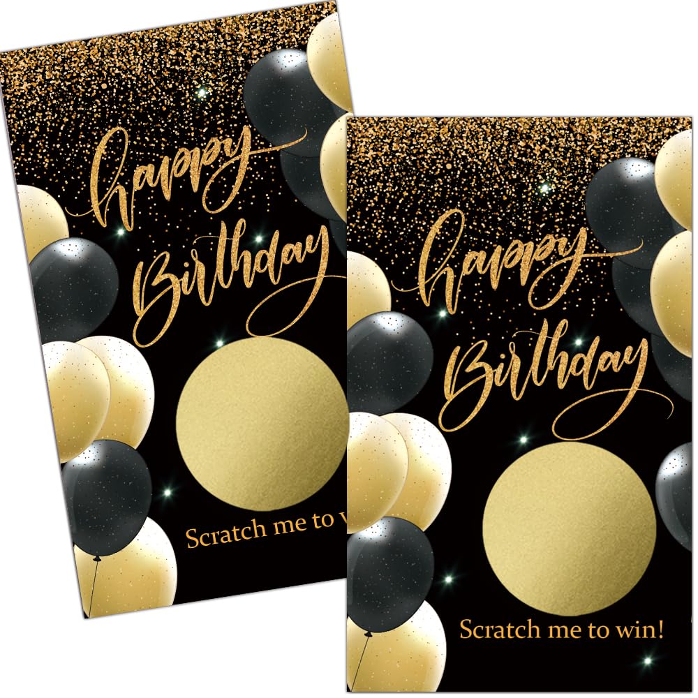 Haizct 50 Pack Happy Birthday Theme Scratch Off Card, Black Gold Balloon Scratch Card for 18th 40th 50th Birthday Tickets, Happy 50th 60th Party