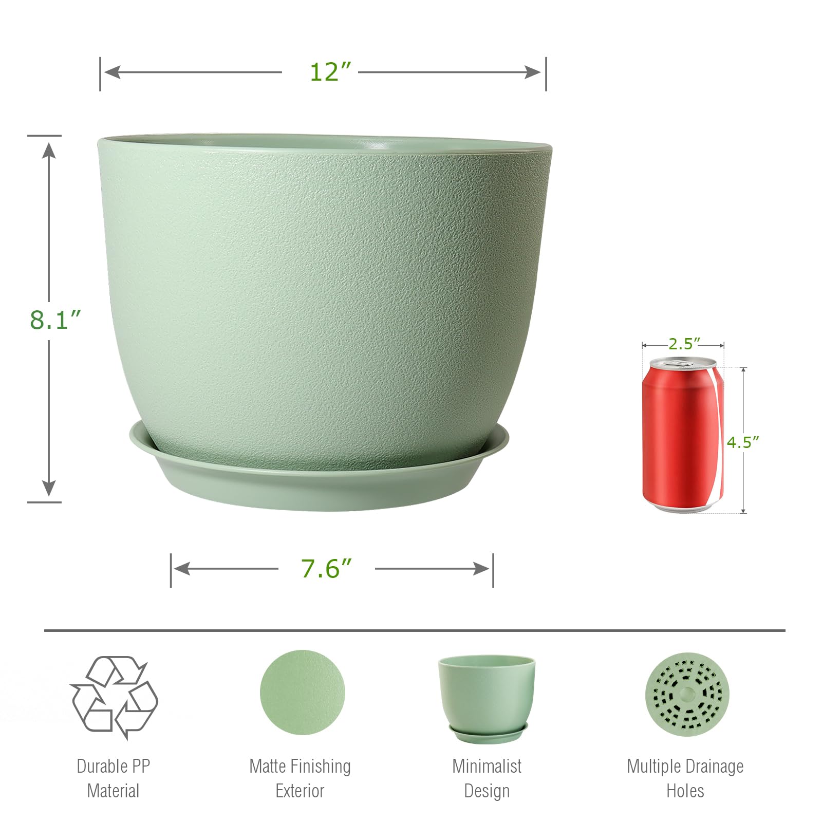 UOUZ Maceta grande de 12 pulgadas, moderna maceta de plástico con agujeros altos y platillo para plantas y flores de jardín en interiores y exteriores, color verde