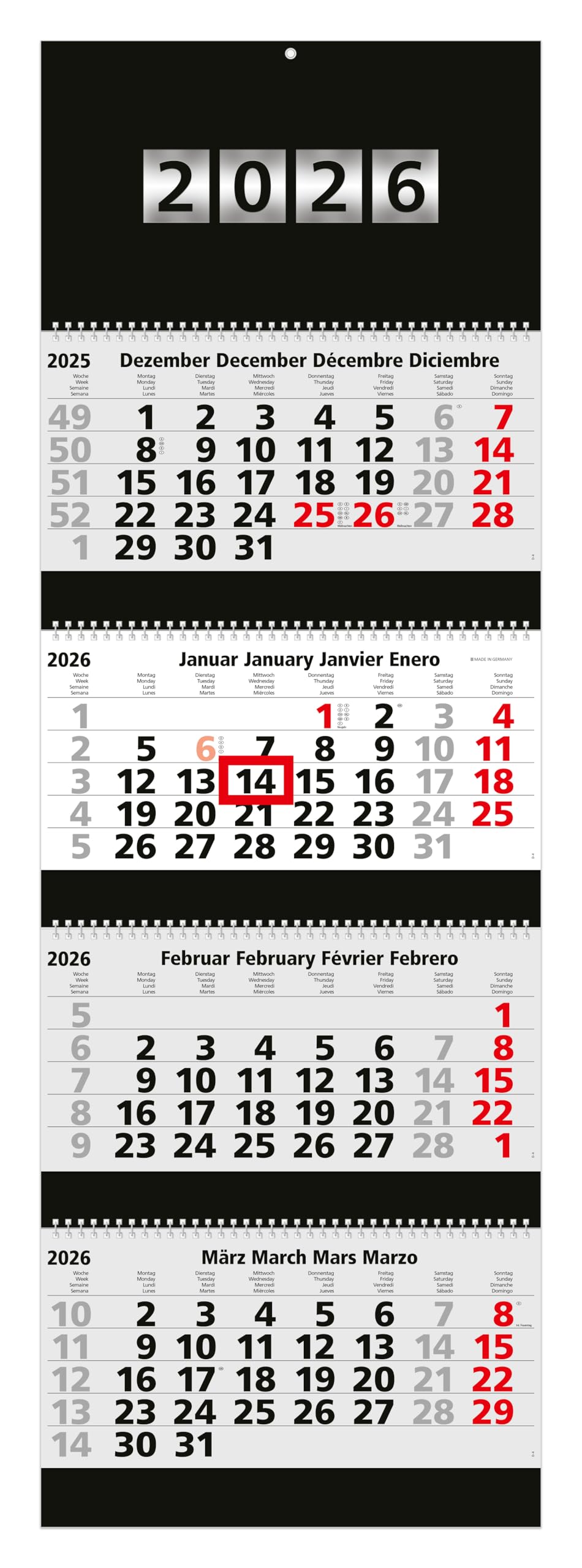 4-month calendar 2022 premium black 4 - 33.5 x 100 cm - premium design calendar with wire-O-binding - always hangs smoothly and straight on the wall - black back panel
