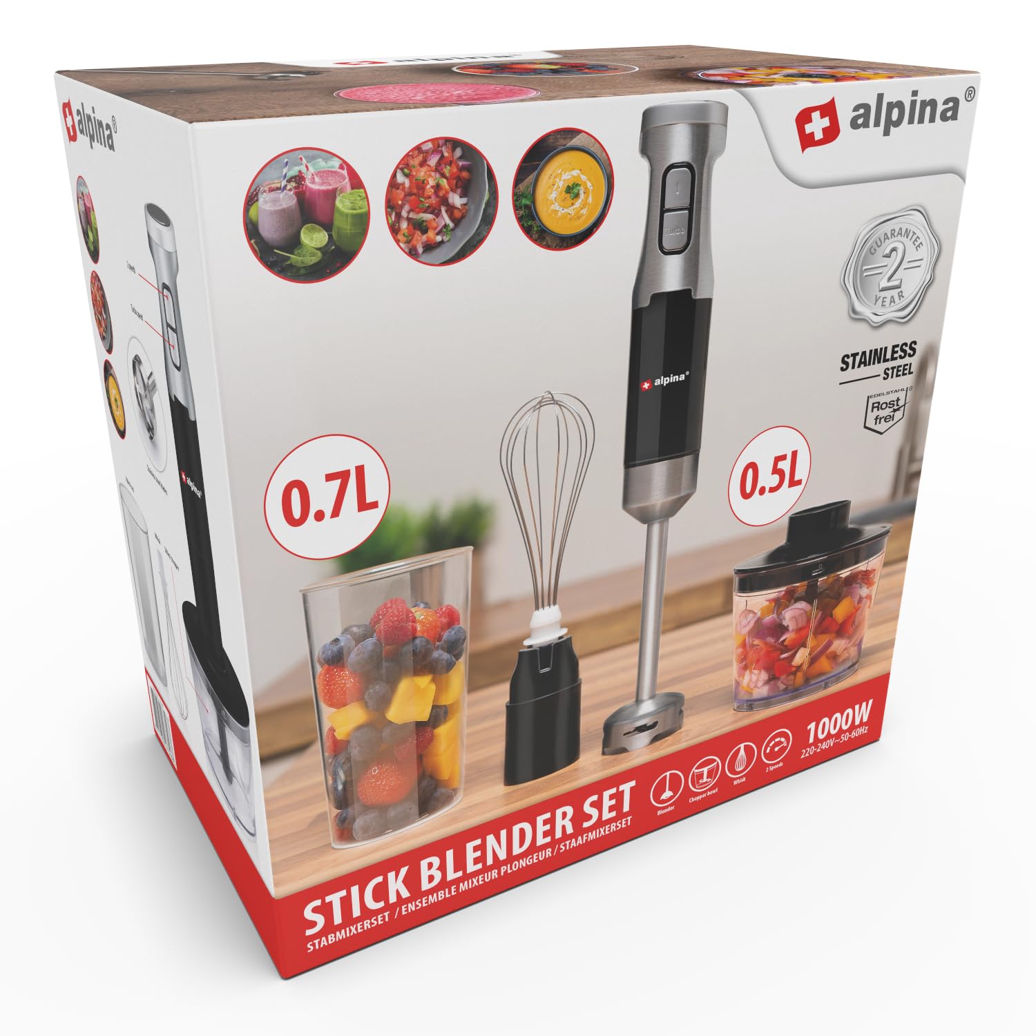 alpina Batidora de Mano con Accesorios HB6700F-N - Picadora - Batidora - Batidora - 1000 W - Incl. Vaso Medidor 700ML - Batidora 4 en 1 - Sin BPA - Acero Inoxidable