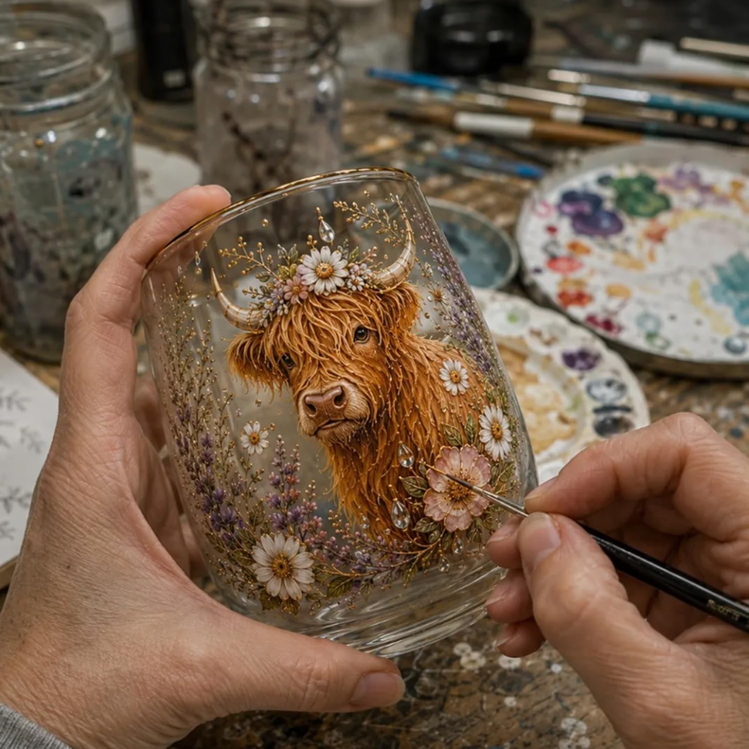 Highland Beauty Glas, handbemalte Highland-Kuh-Schönheits-Glasbecher, lustiges Highlandcow-Gläser-Geschenk-Set, Trinkglas für den täglichen Gebrauch und bedeutungsvolle Urlaubsgeschenke (3 Stück)