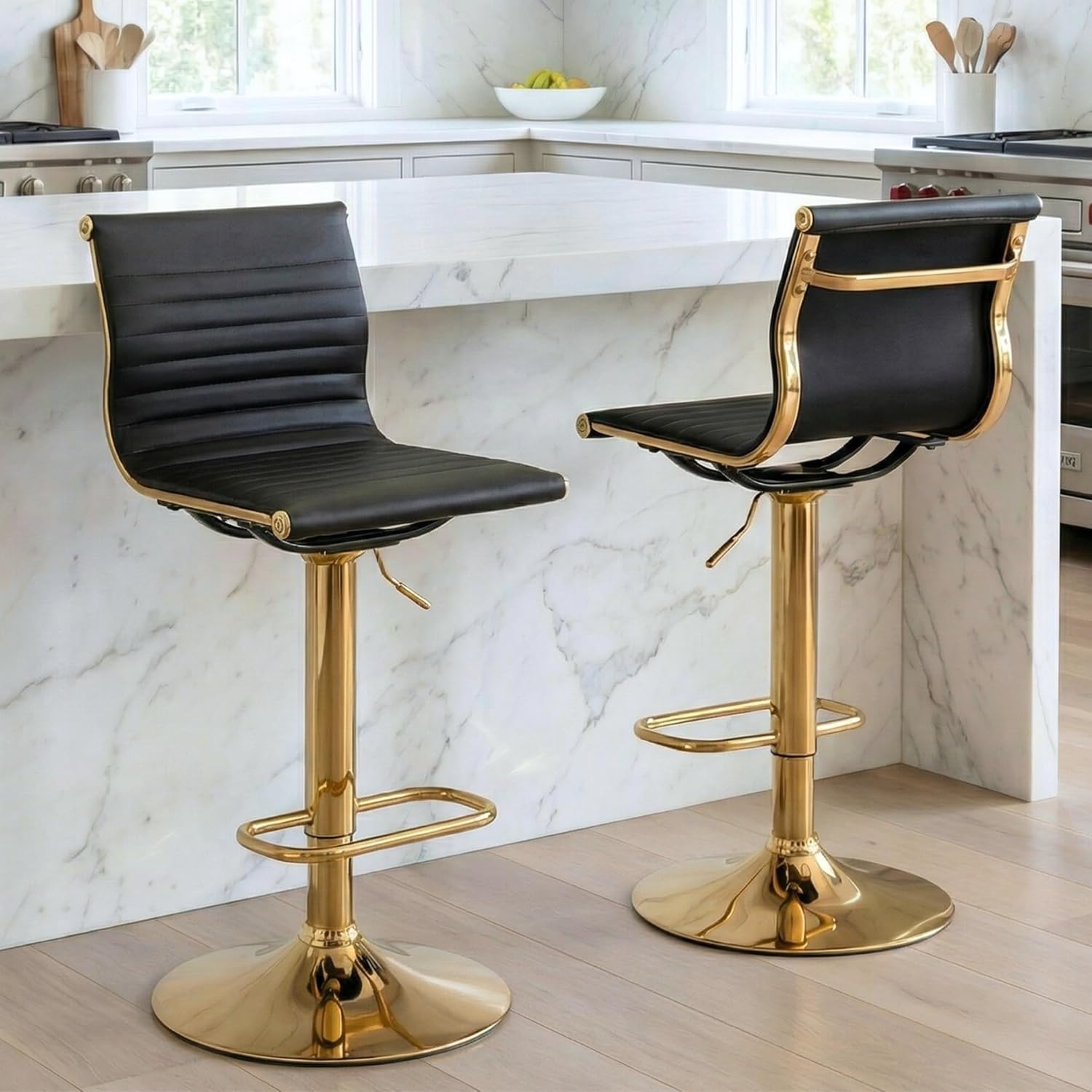 Faux Leather Adjustable Bar Stools Black and Gold Barstool with Back Modern Counter Height Swivel Stool Chair for Home/Kitchen Island Set of 2