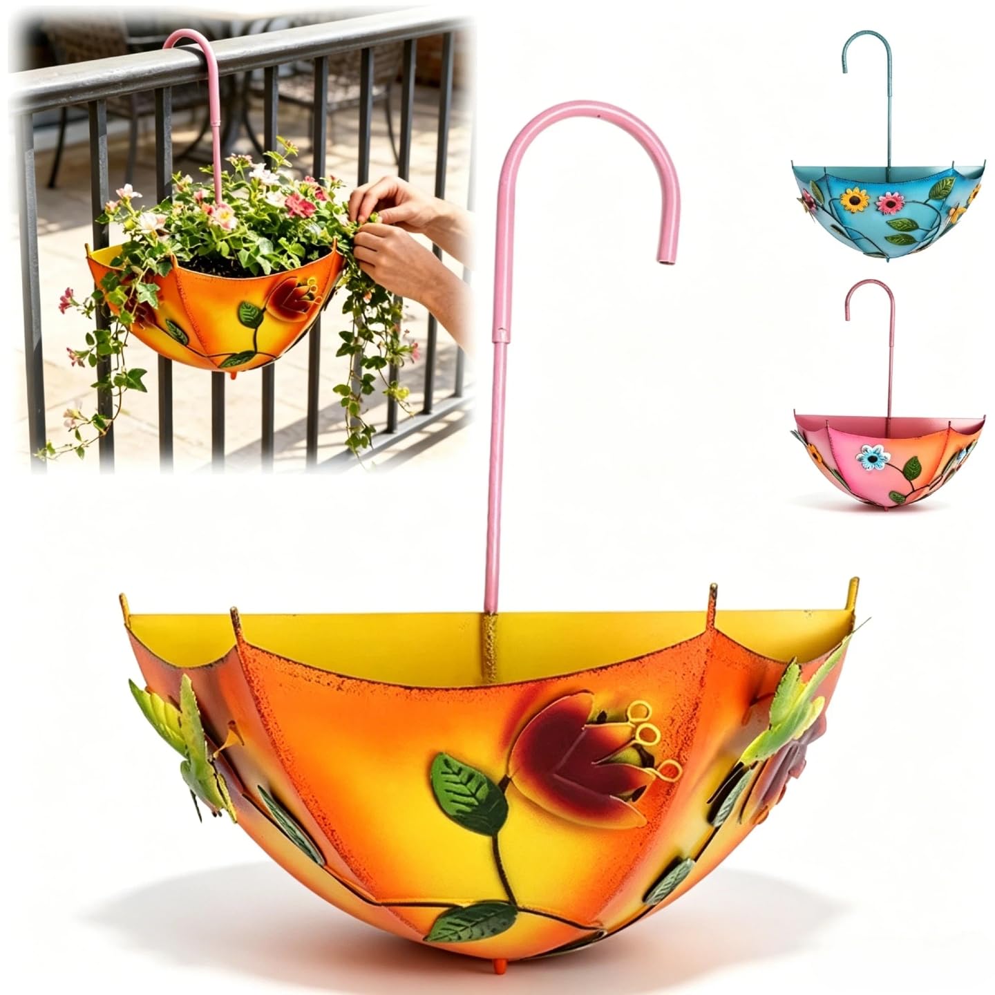 QUNZIDRESS Plant Umbrellas for Outdoor Plants, Farmhouse Umbrella Shaped Wall Hanging Planter – Metal Iron Art with Drainage Holes, No-Drill Flower Pot for Yard, Patio, Balcony, Home Windows Use
