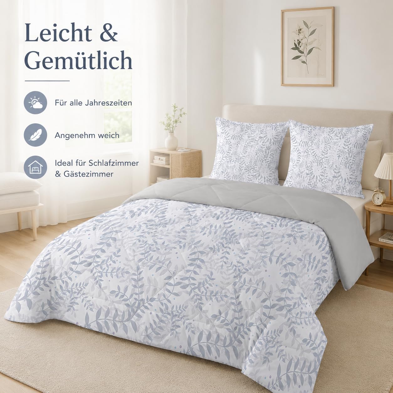 Natürliche Zweige und Blätter Bettdecke 155x220 4 Jahreszeiten, Botanisch Steppdecke, Weich & Leicht, Blaugrau Ganzjahresdecke, Waschbar Wendedecke ohne Bezug, Schlafdecke mit 2 Kissenbezügen 80x80cm