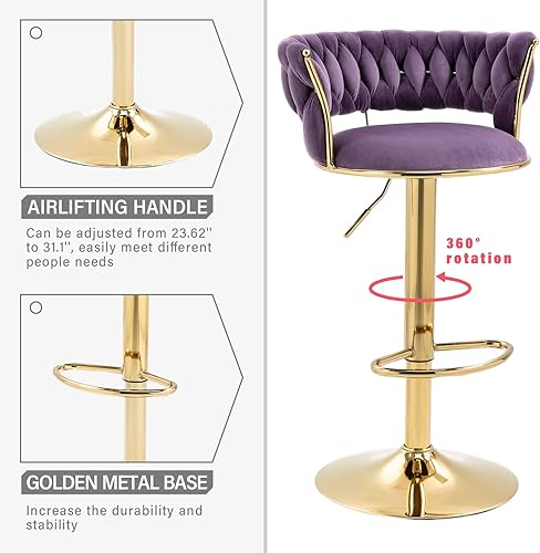 Miniatura 13 de Juego de 2 taburetes de bar giratorios modernos, taburete de bar de terciopelo ajustable en altura con respaldo y reposapiés dorado para comedor,