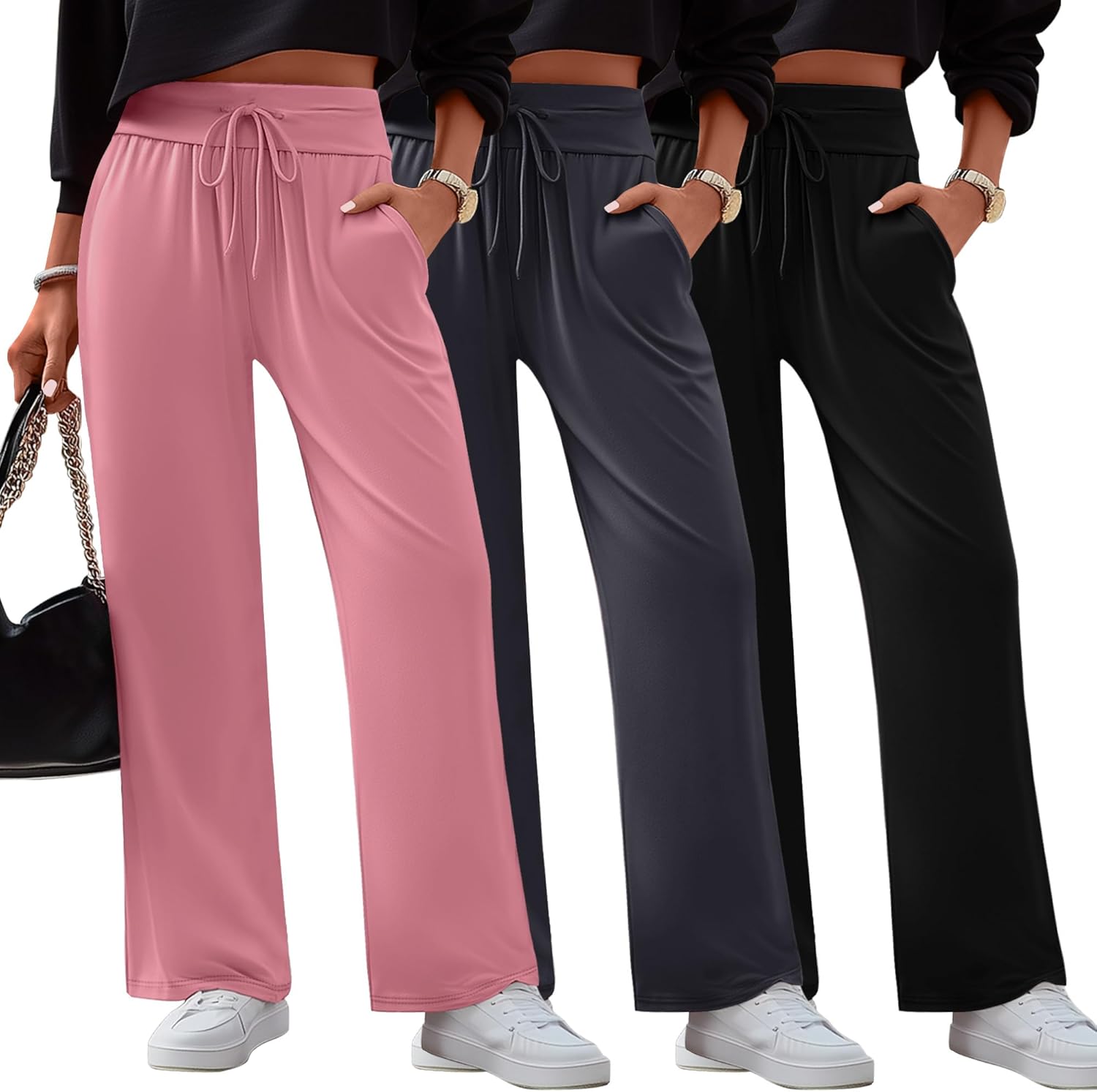 Neer 3 Pack Women's Lounge Pants Wide Leg Yoga Sweatpants with Pockets High Waisted Drawstring Lounge Loose Workout Jogger