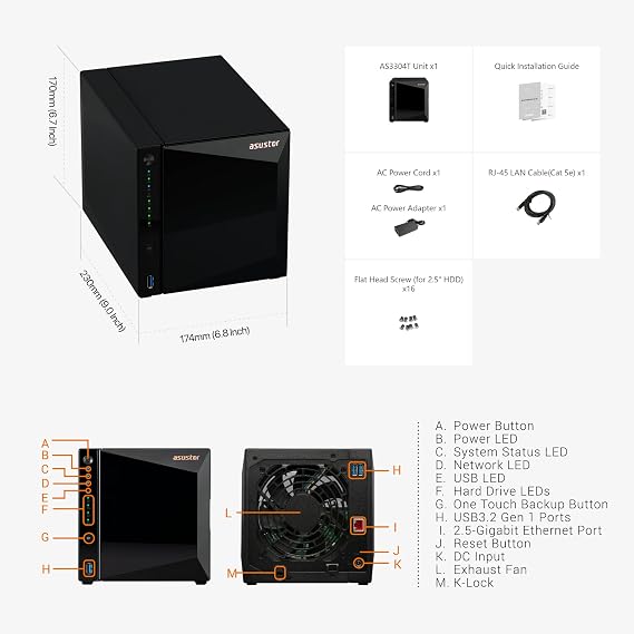 Asustor Drivestor 4 Pro Gen2 AS3304T v2, 4 Bay NAS, 1.7GHz Quad Core, 2.5GbE Port, 2GB RAM DDR4, Best Value for Home Media Server, Networked Storage (Disc-Free)