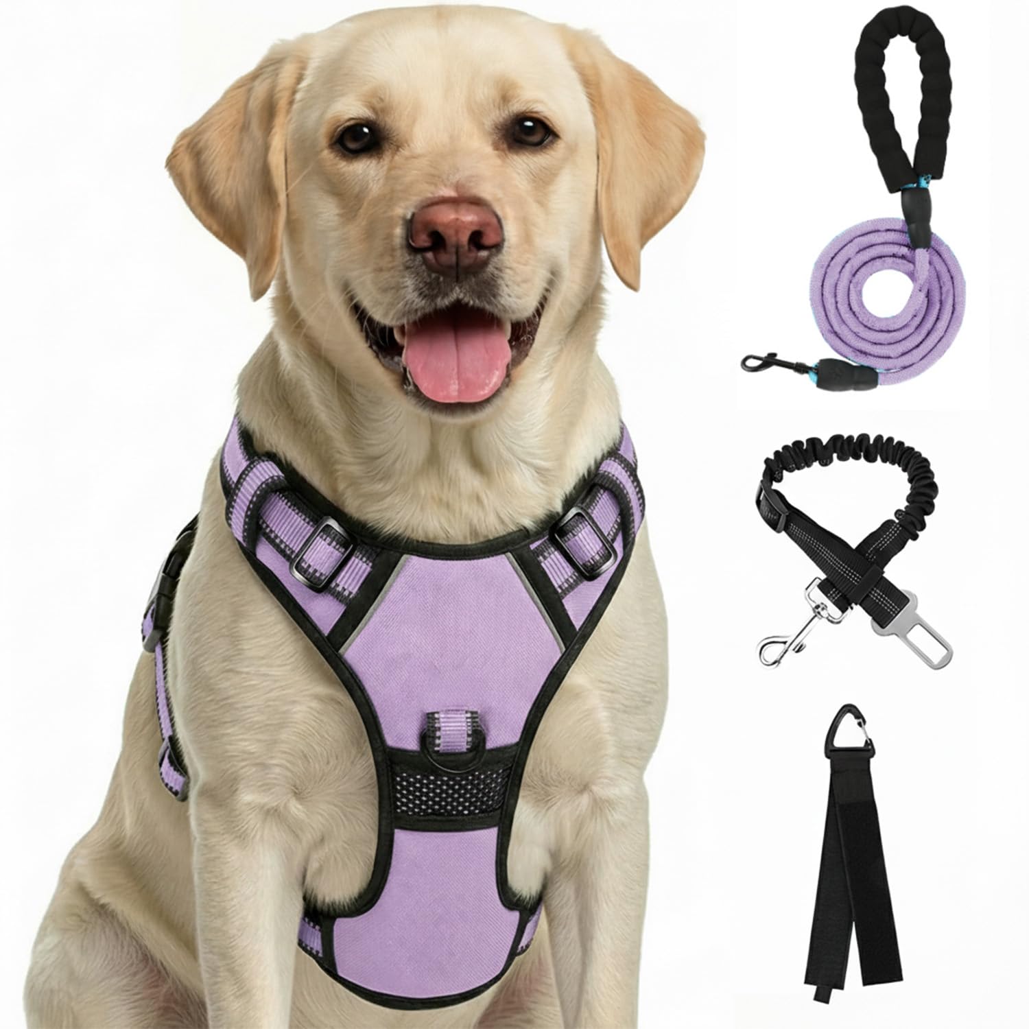 FURRYFECTION Dog Harness | No Pull Dog Harness | Reflective Oxford | Padded Handle | 4 Adjustable Straps | 2 Leash Clips | No Choke Pet Vest Harness for Small Medium Large Dogs | Light Purple | L