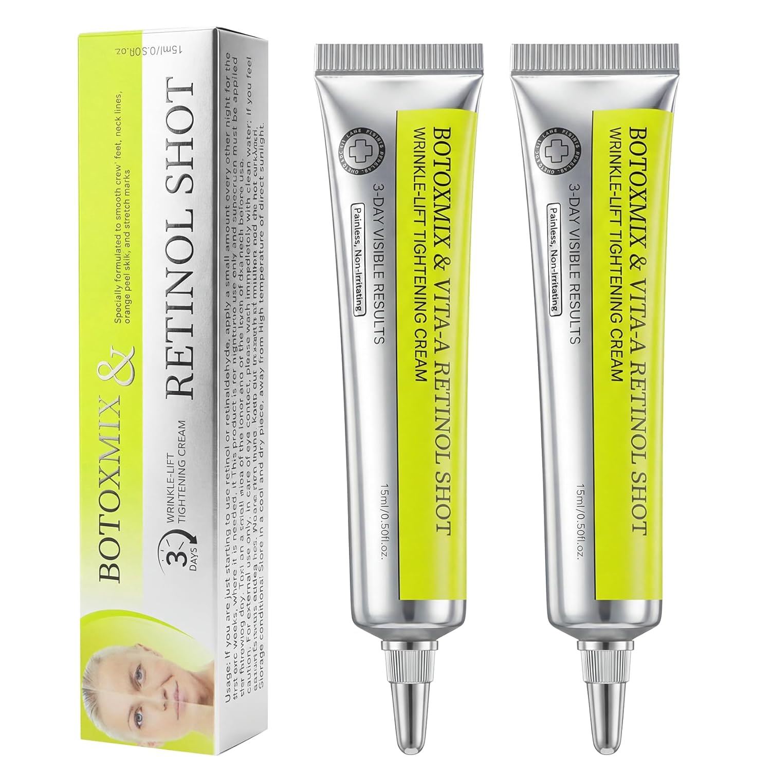 Botoxmix & Vita-A Retinol Shot Wrinkle-Lift Tightening Cream, High-Strength Retinoid for Anti-Aging, Anti Wrinkle Cream - Natural Pore Minimizer, Wrinkles & Fine Lines for All Skin (2 Bottle)