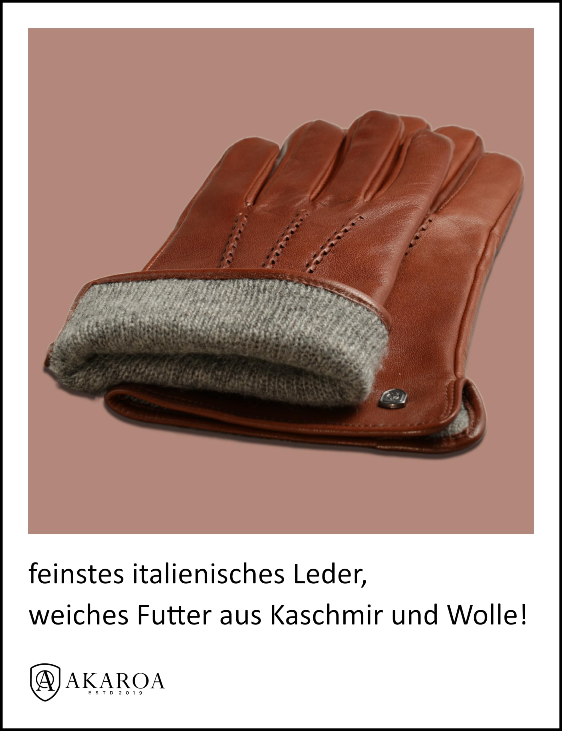 AKAROA ESTD 2019 Gants en cuir pour femme ANN, fonction tactile, cuir italien, doublure tricotée recyclée, 50 % cachemire et 50 % laine, 4 tailles S à XL