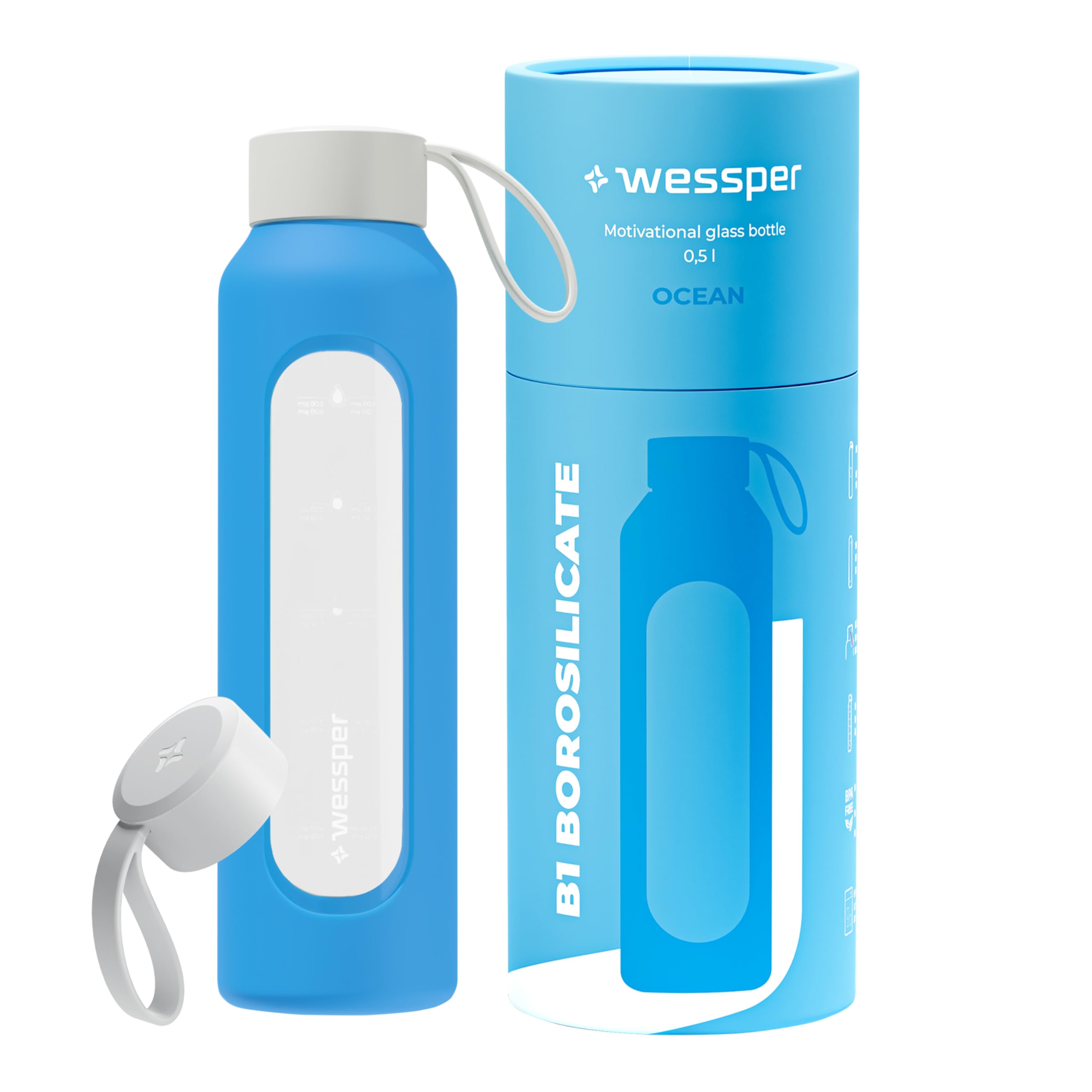 Wessper Glazen drinkfles 1 liter, Motivatie fles met hydratatie schaal, Borosilicaat glazen flessen met siliconen hoes, BPA-vrij veilig materiaal - Blauw
