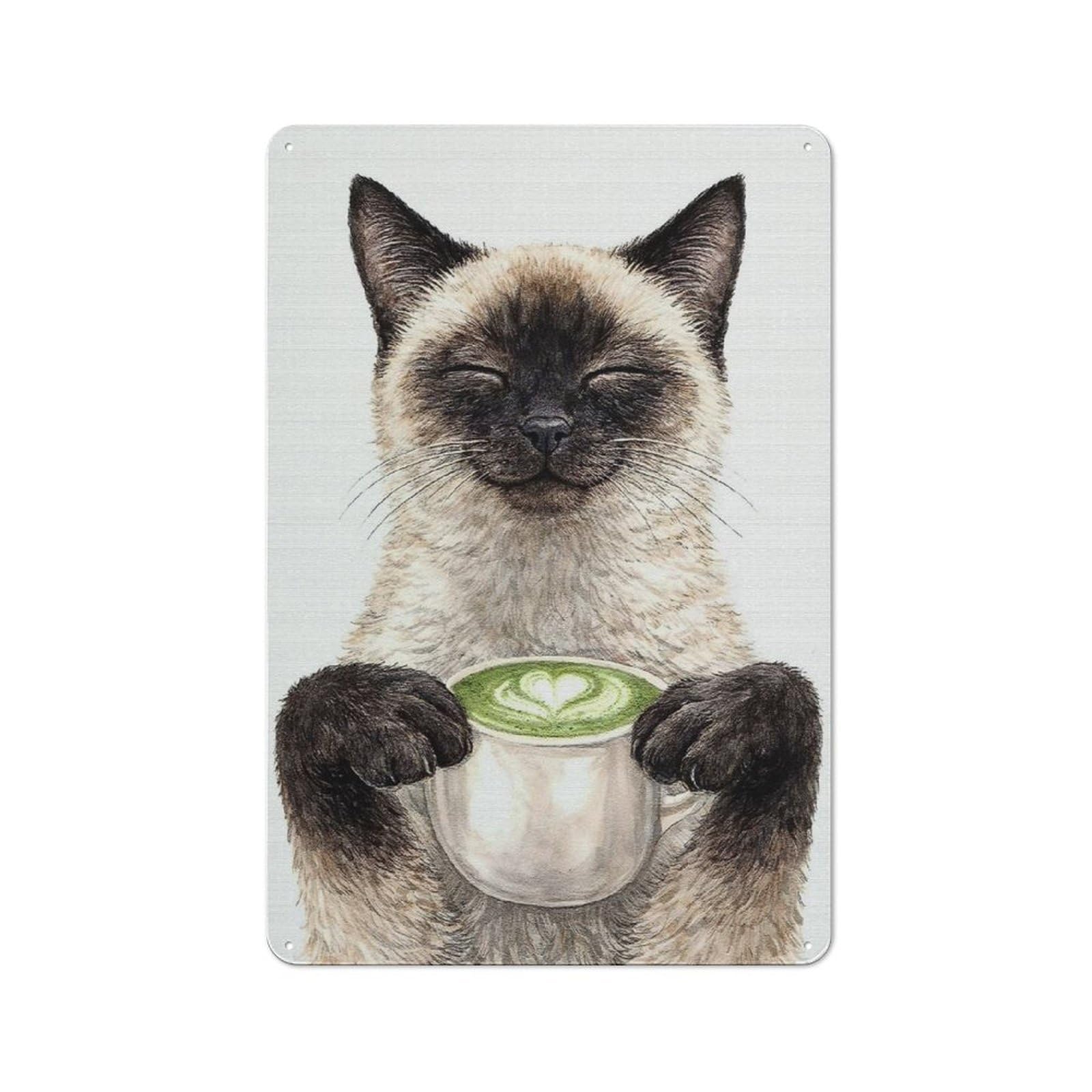 Junmoney Style-12 Siamese Cat Holding Matcha Latte Vintage Metal Wall Decor 30X20cm, Vintage Metal Sign For Cafe, Bistro, Bakery Or Restaurant