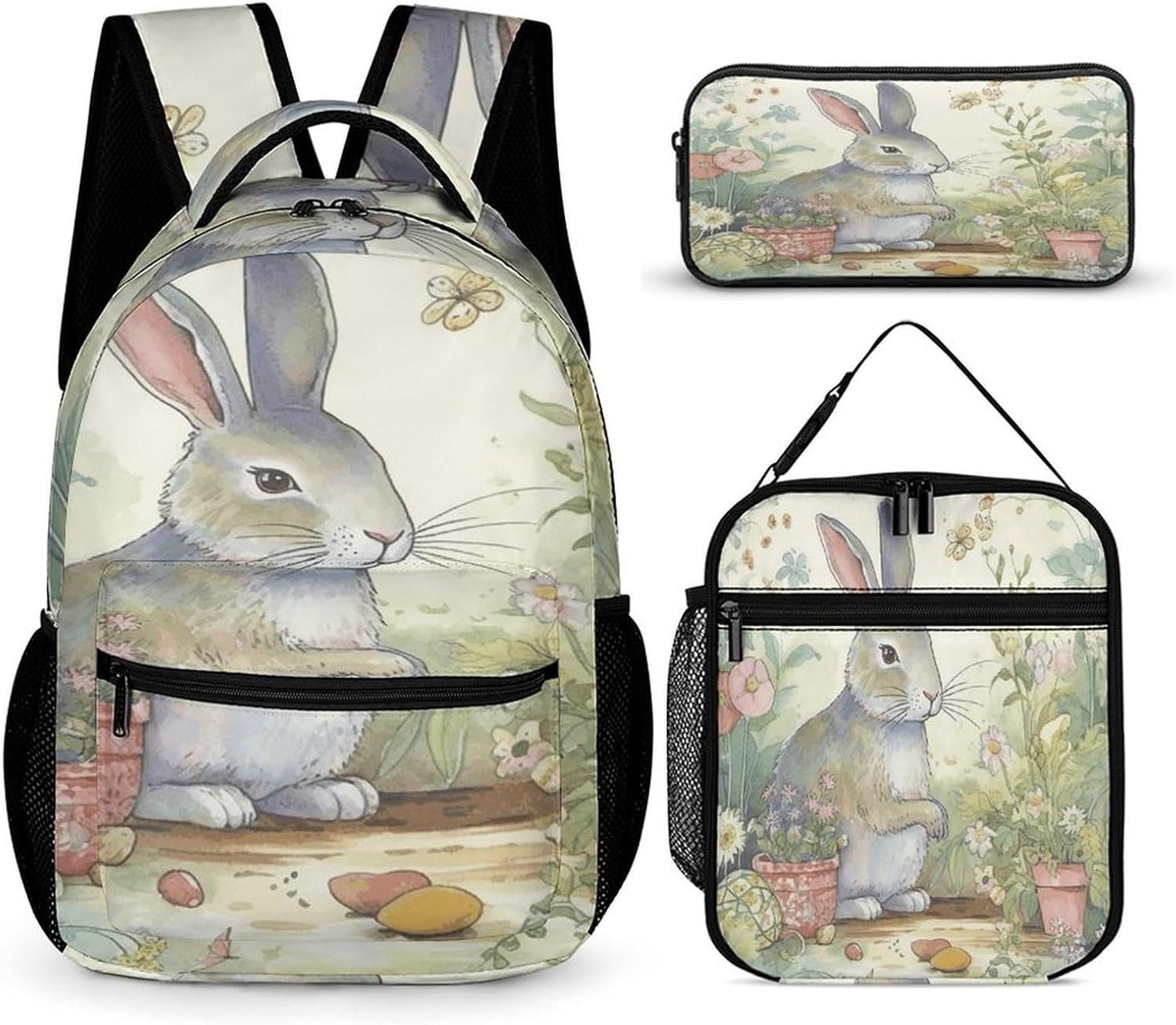 Pocket Backpack,Garden Bunny Print Cross Body Lunch Bag Set,casual Daypacks,3 Pcs Backpack Set