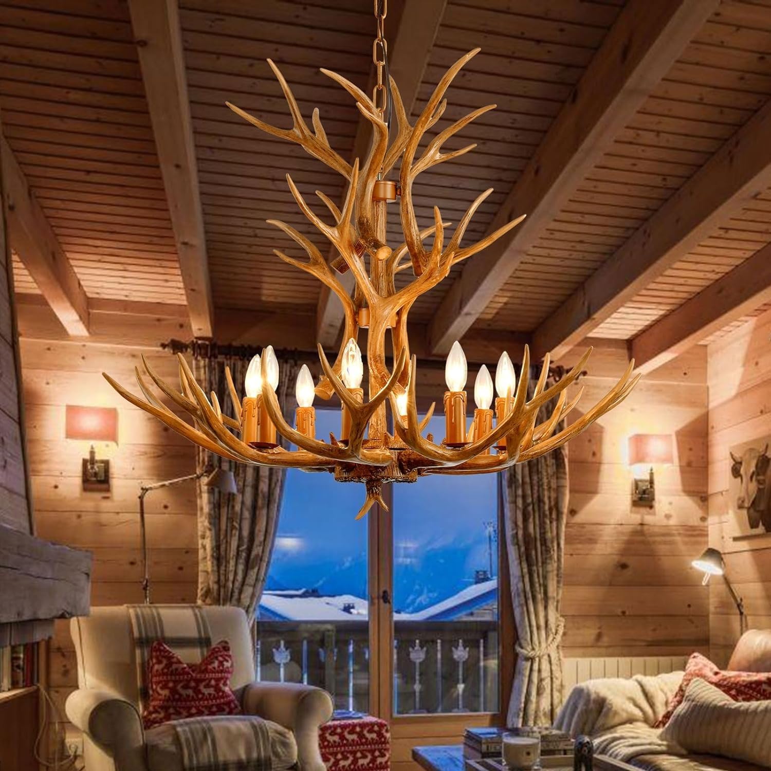 Kronleuchter Hartshorn Kreative Beleuchtung Retro Horn Kristallleuchte 8 Lampen Bauernhouse Antler Höhenverstellbare Leuchte Zimmerdecke E14 Sockel für Haushaltsgeschäft Kaffeebar Hängeleuchte