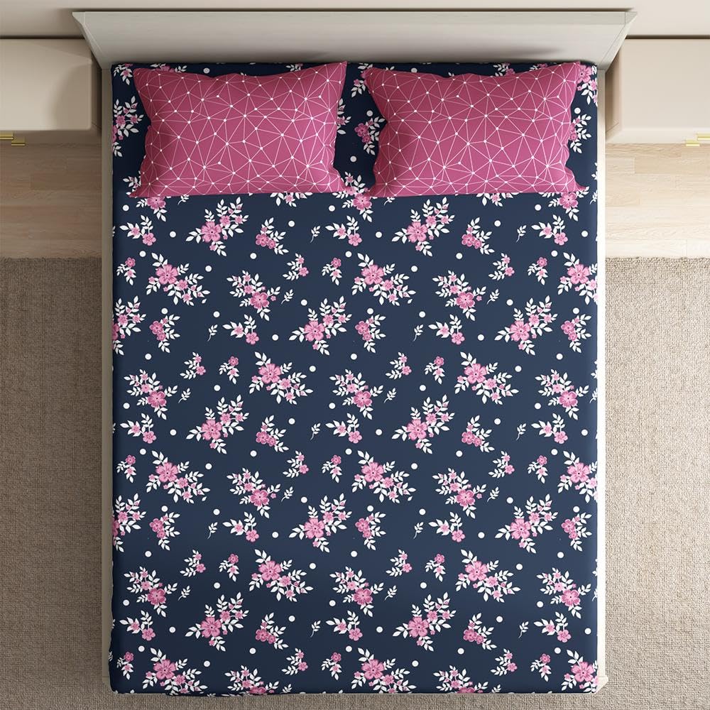 Wakefit 100% Cotton 200 TC Flat Printed Bedsheet, Paula Queen Size (100x90 Inches) / (2.54m*2.29m) with 2 Pillow Covers Paula, Double