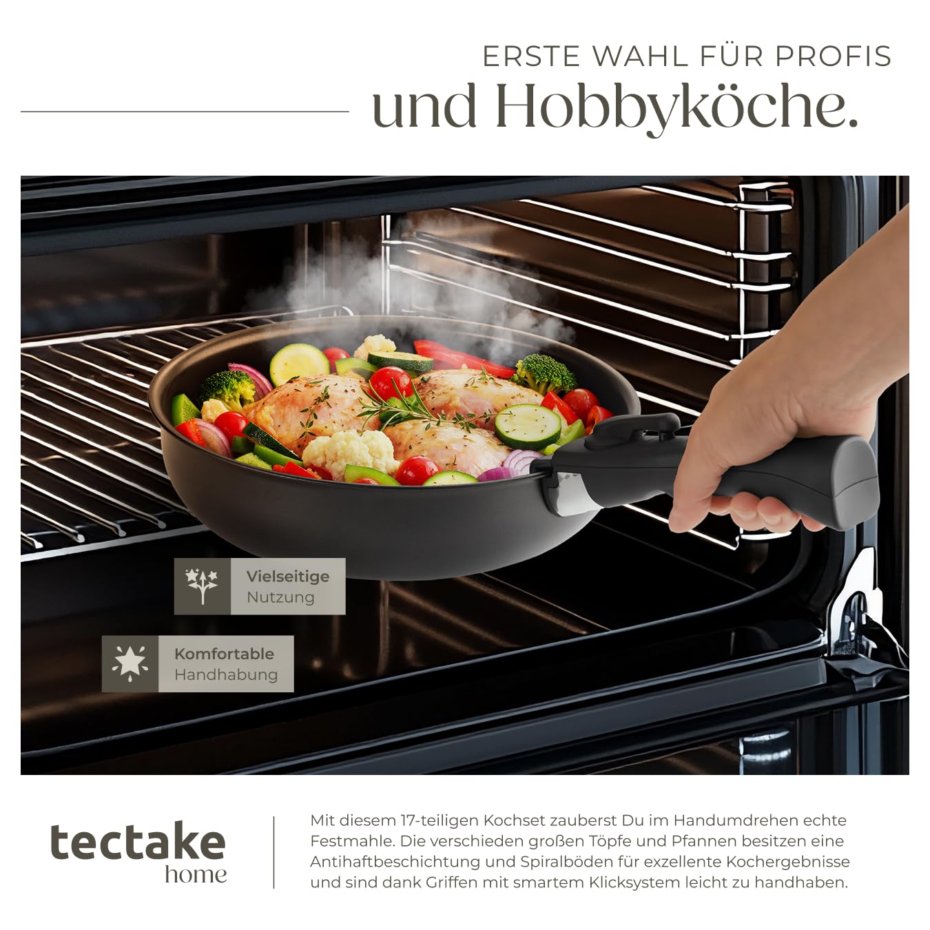 tectake® 17-teiliges Kochtopf Set, antihaftbeschichtets Topfset Induktion, Töpfe + Pfannen Set, 2x Topf + 3x Bratpfanne inkl. Glasdeckeln mit Dampfabzug, 2 Silikonabdeckungen, Induktions Töpfe Set,