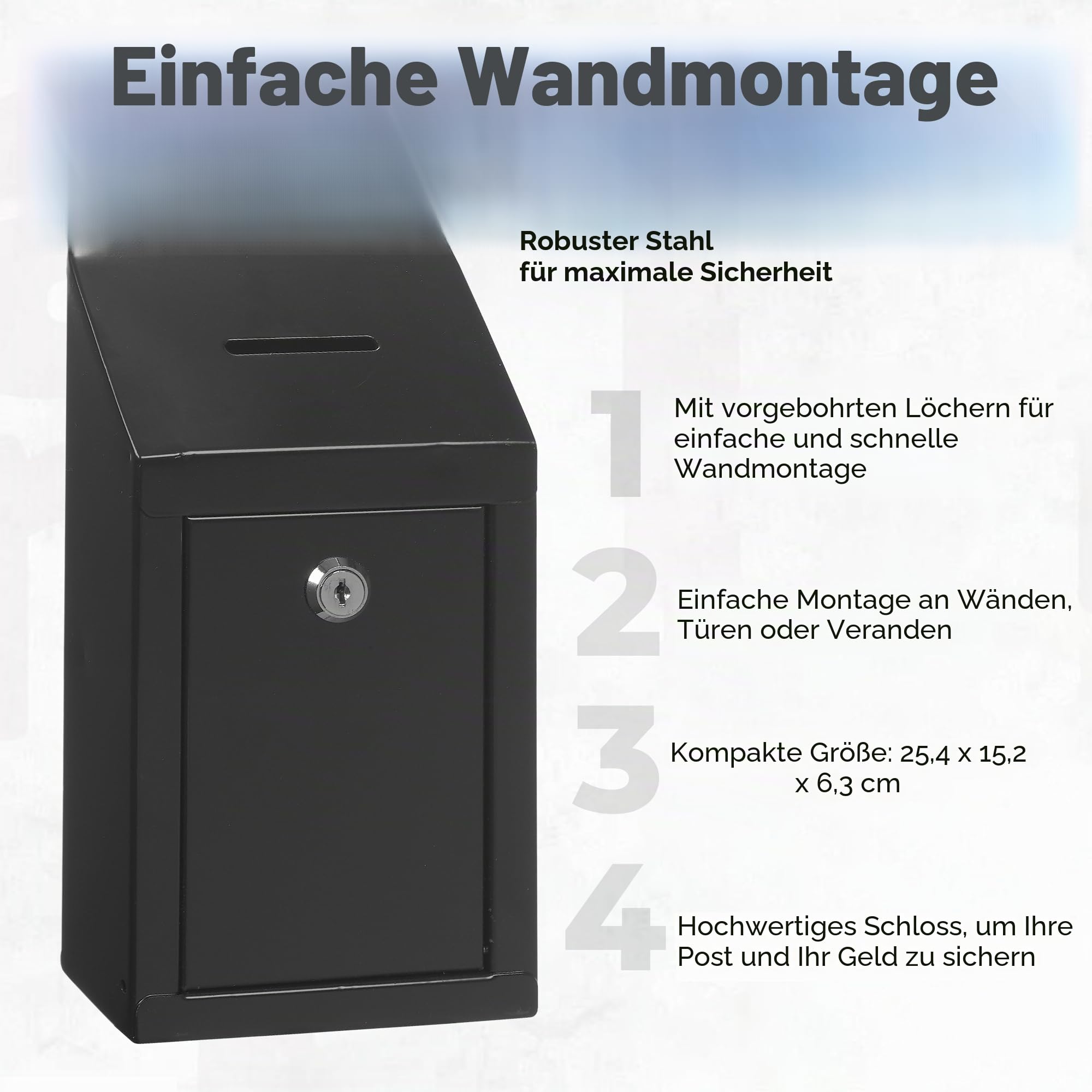 Metall-Spendenbox – Stahl-Sammelbox mit sicherem Schloss, 2 Schlüssel, Wandhalterung, 25,4 x 15,2 x 6,3 cm (Schwarz)