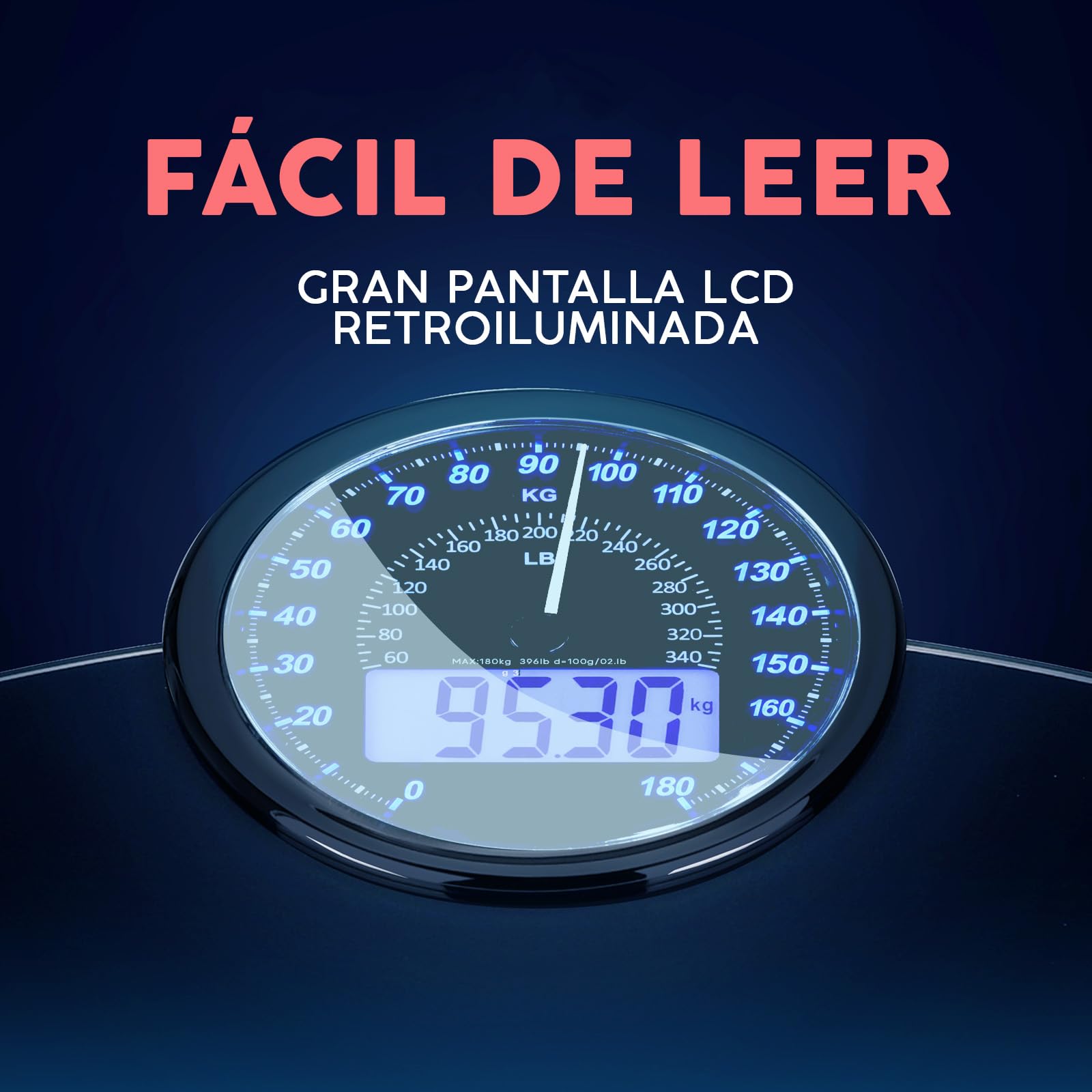Báscula Híbrida 2 en 1 Analógica y Digital Adamson para Peso Corporal de Hasta 180 kg - Vidrio Grueso - Pantalla Extragrande - Báscula Digital - Fácil de Leer - Azul con Retroiluminación Negra