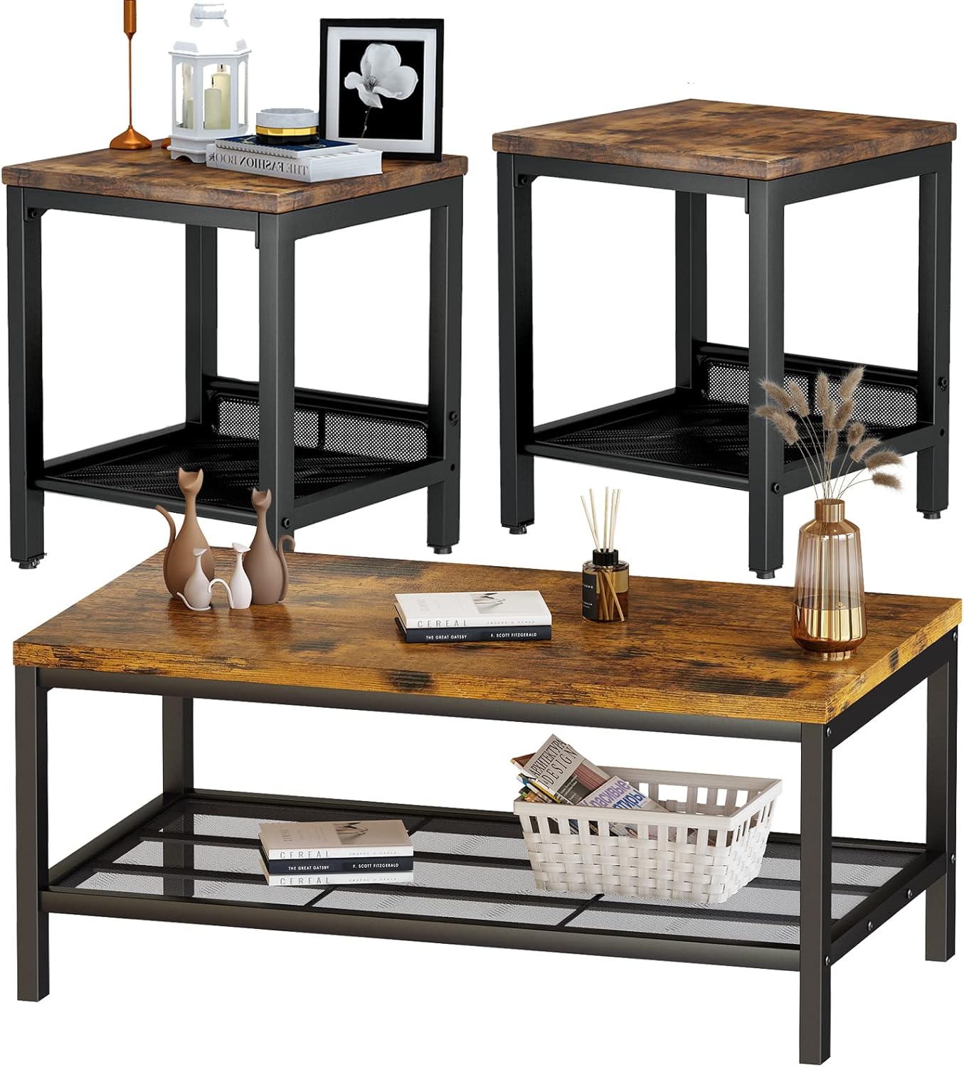 Recaceik Coffee Table Set, 2-Tier Coffee Table & Two End Side Table, Modern 3-Piece Living Room Table Set, for Office, Living Room, Apartment, Small Space, Easy Assembly Accent Furniture, Rustic Brown : Home & Kitchen