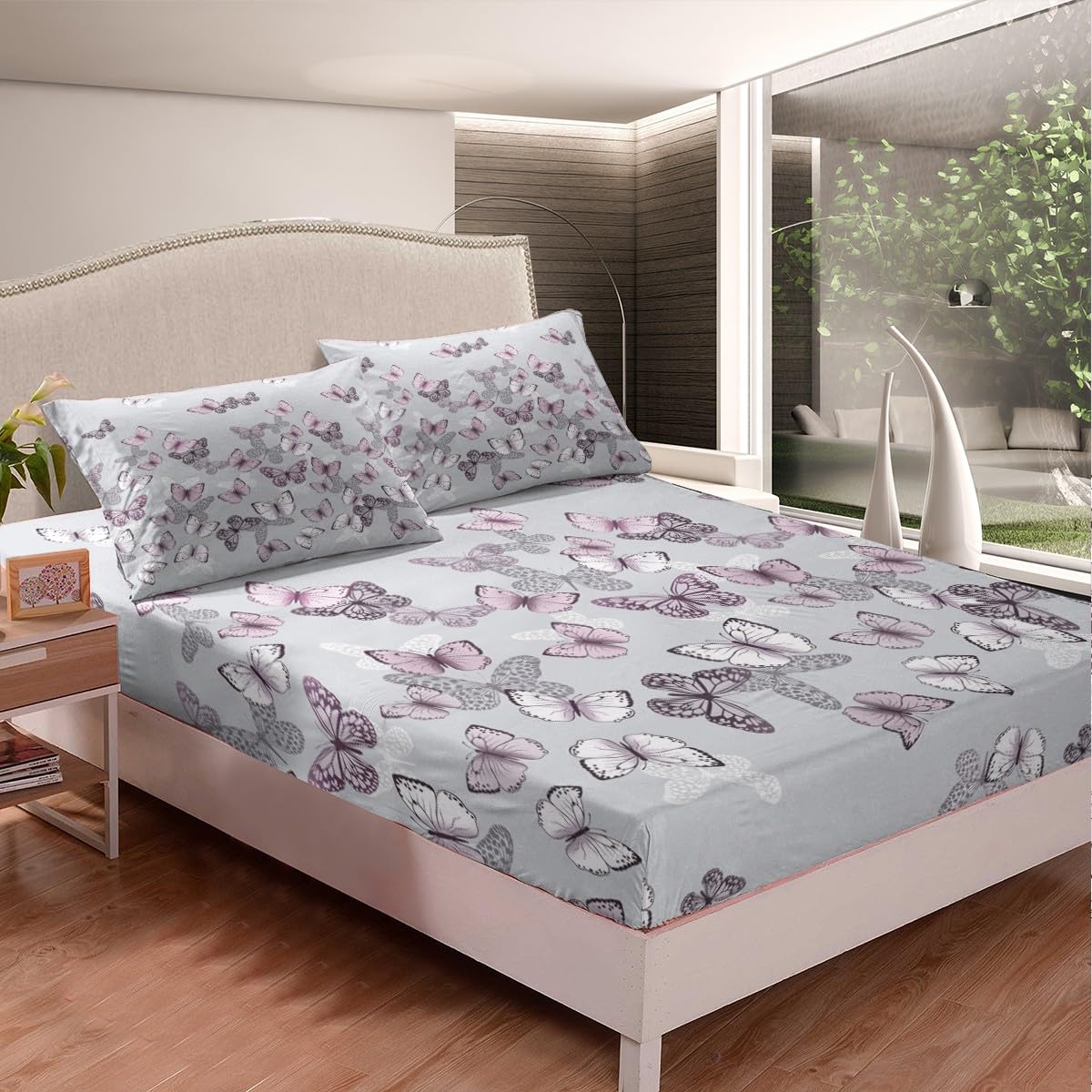 Homemissing Butterfly Bed Sheet Set King Size for Girls Adults Women Kids Butterflies Print Bedding Set Princess Style Sheet with Deep Pocket Fitted Sheet+2 Pillowcase Animal Theme Bed Sheet Set - Image 2