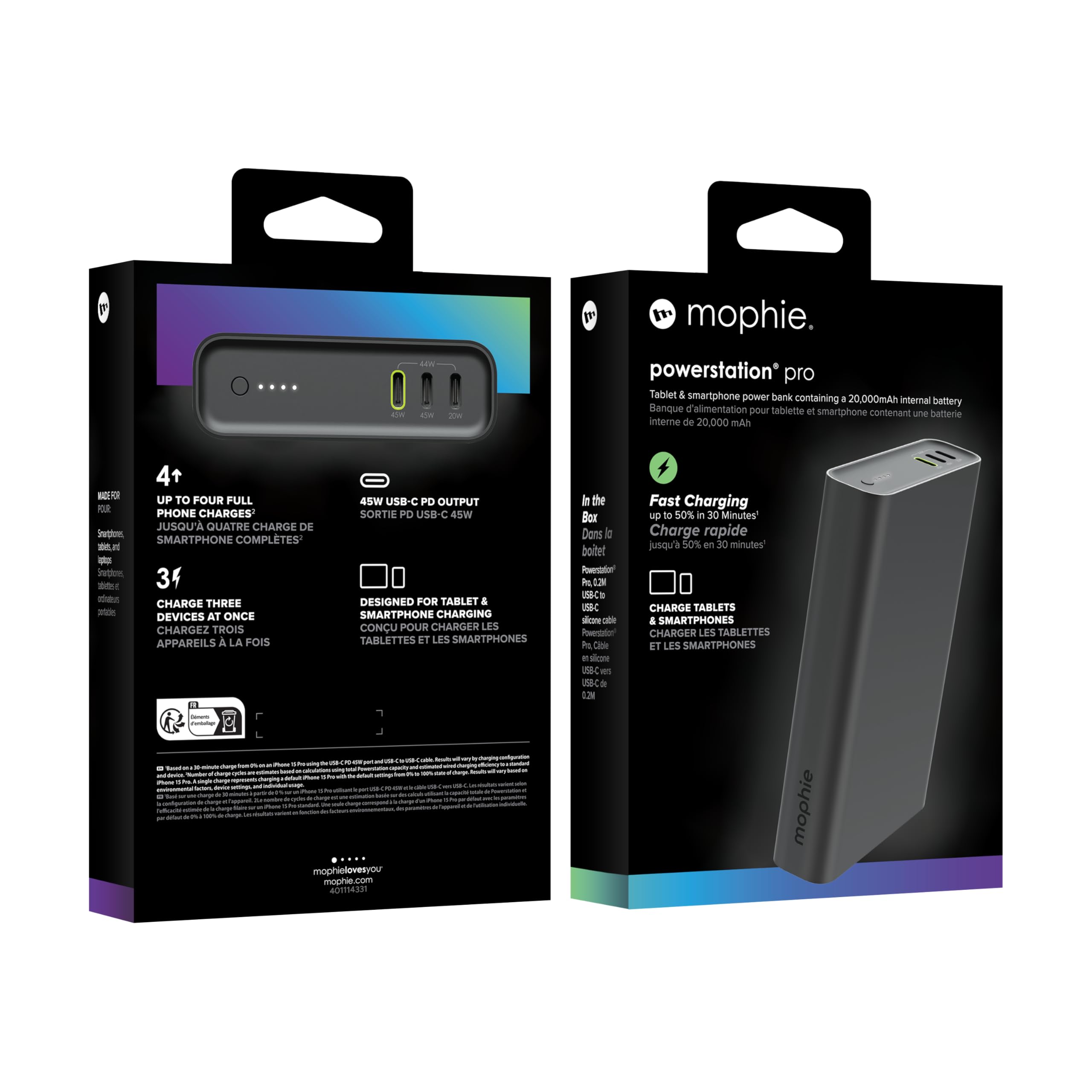 ZAGG Mophie Powerstation Pro 20K Batterie Portable 20 000 mAh avec 3 Ports USB-C, LED, Charge Rapide Triple Appareil, Design de Poche pour Smartphones, tablettes et Ordinateurs Portables (Noir)