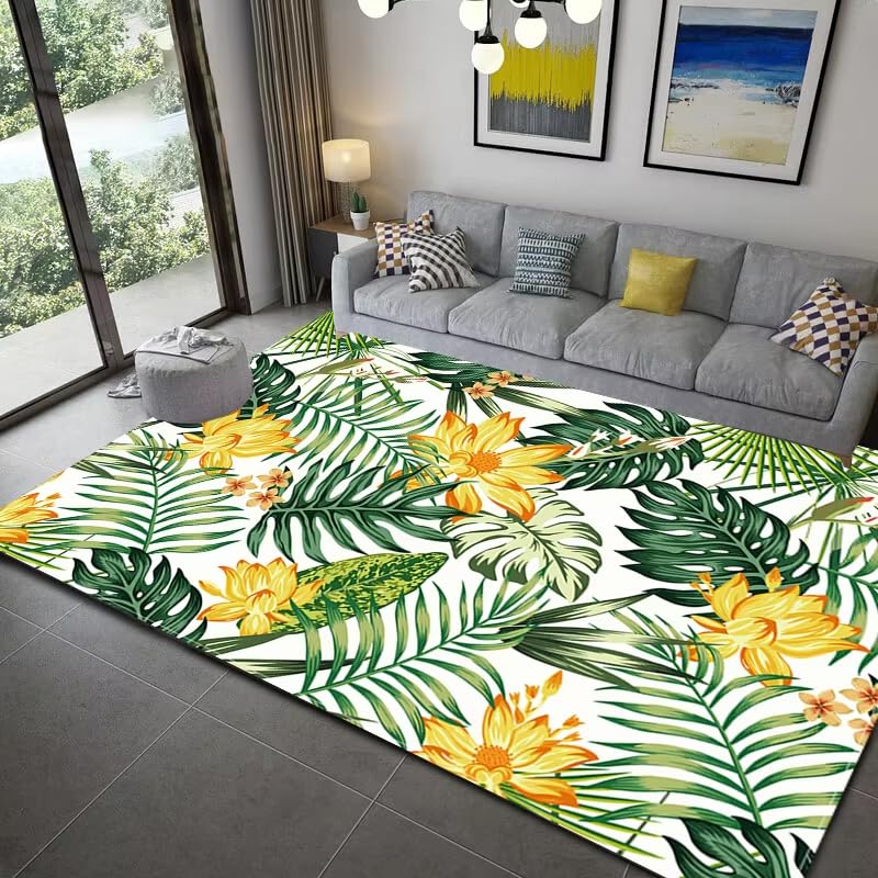 Alfombra moderna antideslizante que aporta diseño de hojas tropicales a tu mesita de noche