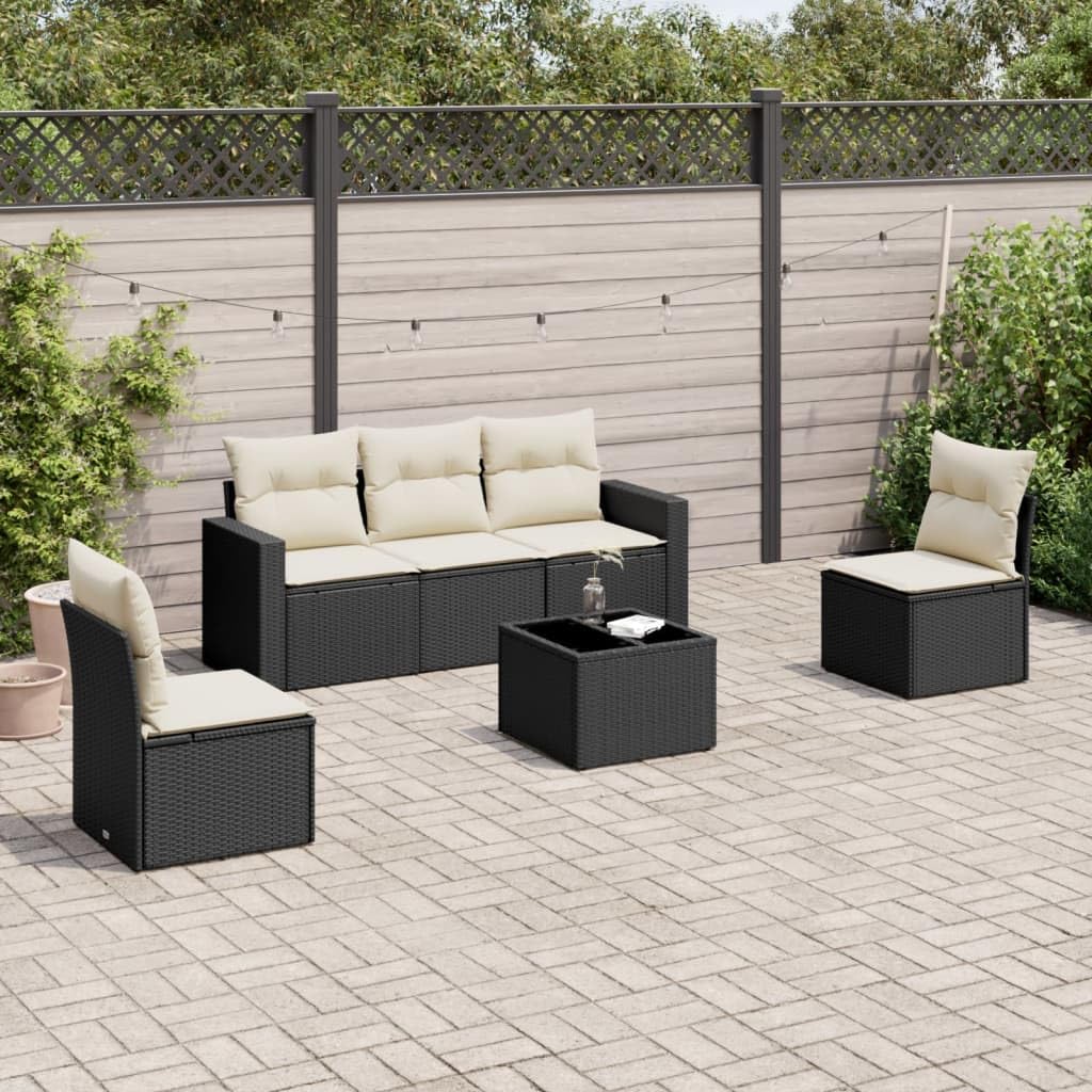Set Divano da Giardino 6 pz con Tavolo in Rattan PE Nero | Mobili componibili per terrazzo e patio con vano portaoggetti integrato sotto la seduta e ripiano in vetro temperato.
