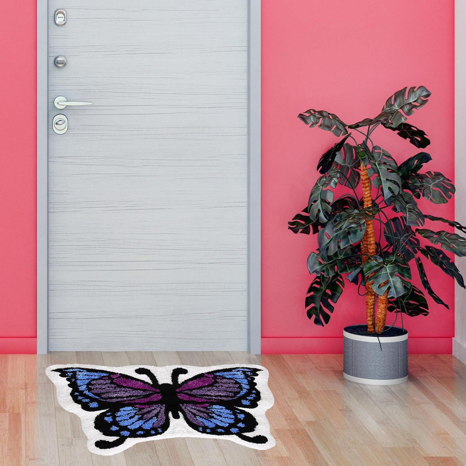Whaline Butterfly Bath Rug Purple Blue Tufted Bath Mat Non Slip Shower Washable Absorbent Rugs Front Door Mat Carpet Floor Throw Rug for Indoor Outdoor Home Kitchen Bedroom Bathroom Dormitory