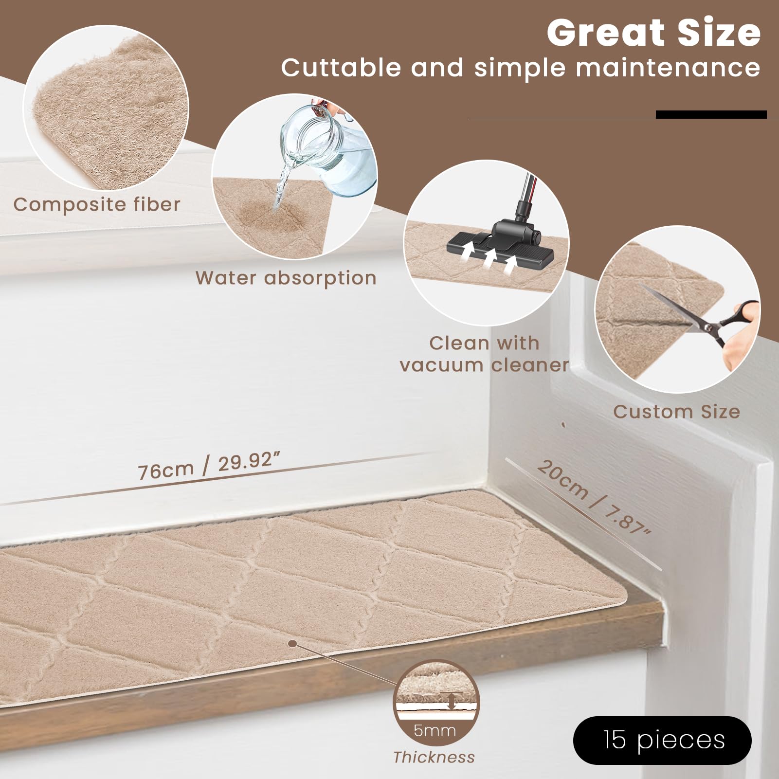 Alfombrillas para Escaleras Antideslizantes, 15 Alfombrillas Autoadhesivas Escalones Interiores, Recortables y Reutilizables - Protección para Mascotas, Mayores, Niños (Beige, 76x20 cm)