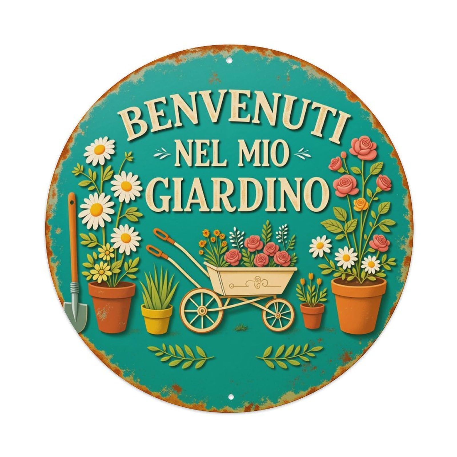 Garden Welcome Sign With Flowers And Tools Round Tin Sign Vintage Metal Poster, Home Bar Garage Man Cave Cafe Indoor & Outdoor Wall Decoration 8x8Inches