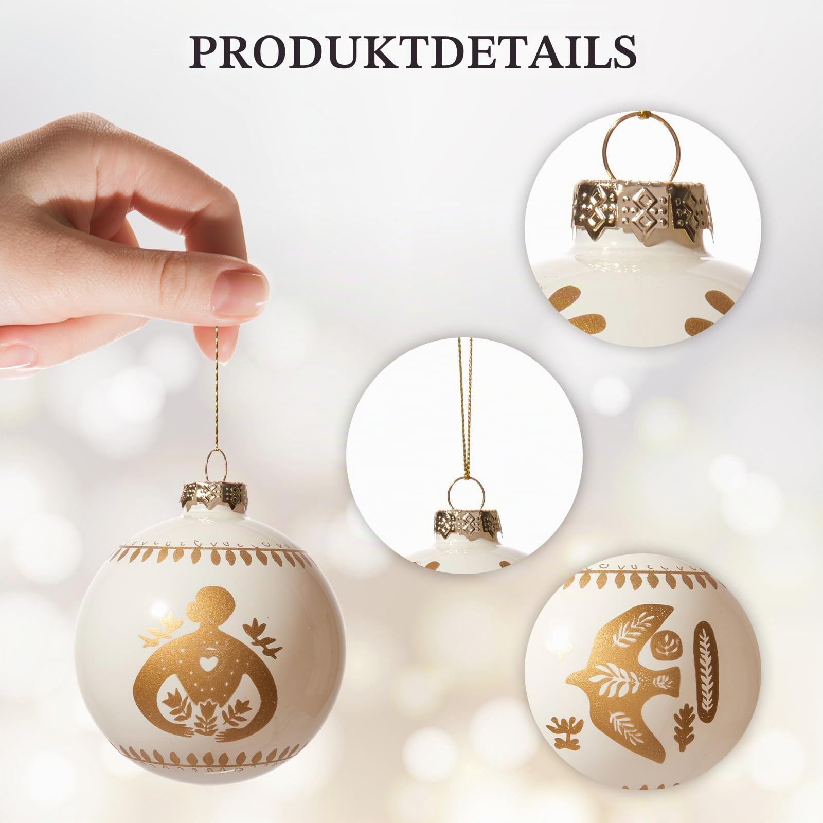 DN DECONATION Weihnachtskugeln Set aus 9 elfenbeinfarbenen Christbaumkugeln | aus Glas, 8 cm Weihnachtsbaumschmuck mit goldenen Friedenssymbolen für Weihnachtsbaum Deko und festliche Weihnachtsdeko