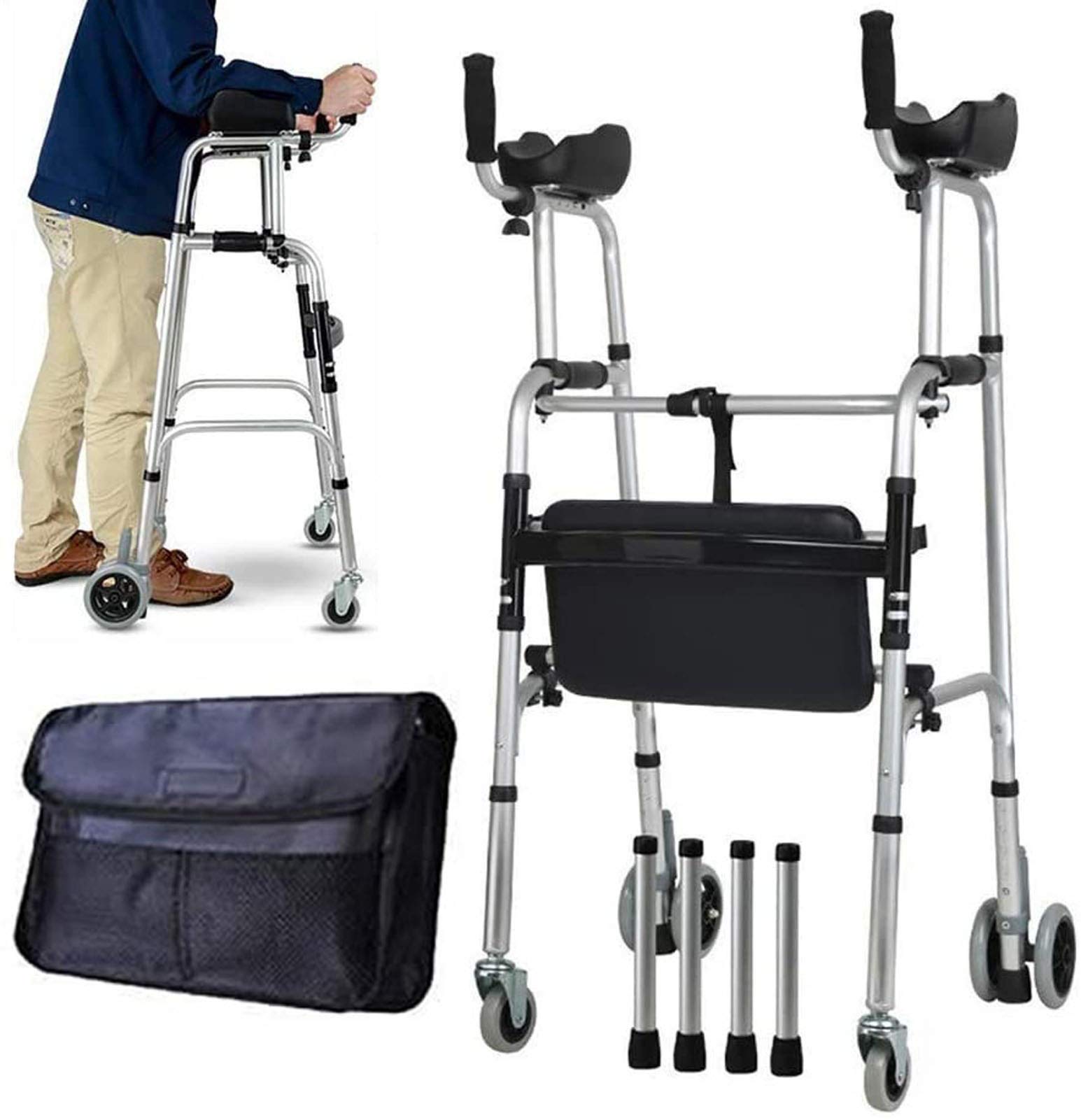 Upright Posture Rolling Walker with Armrest Support Pad, for Seniors Walking Medical 4 Wheel Walker Rollator, Adjustable Height Elderly Walking Aid Used