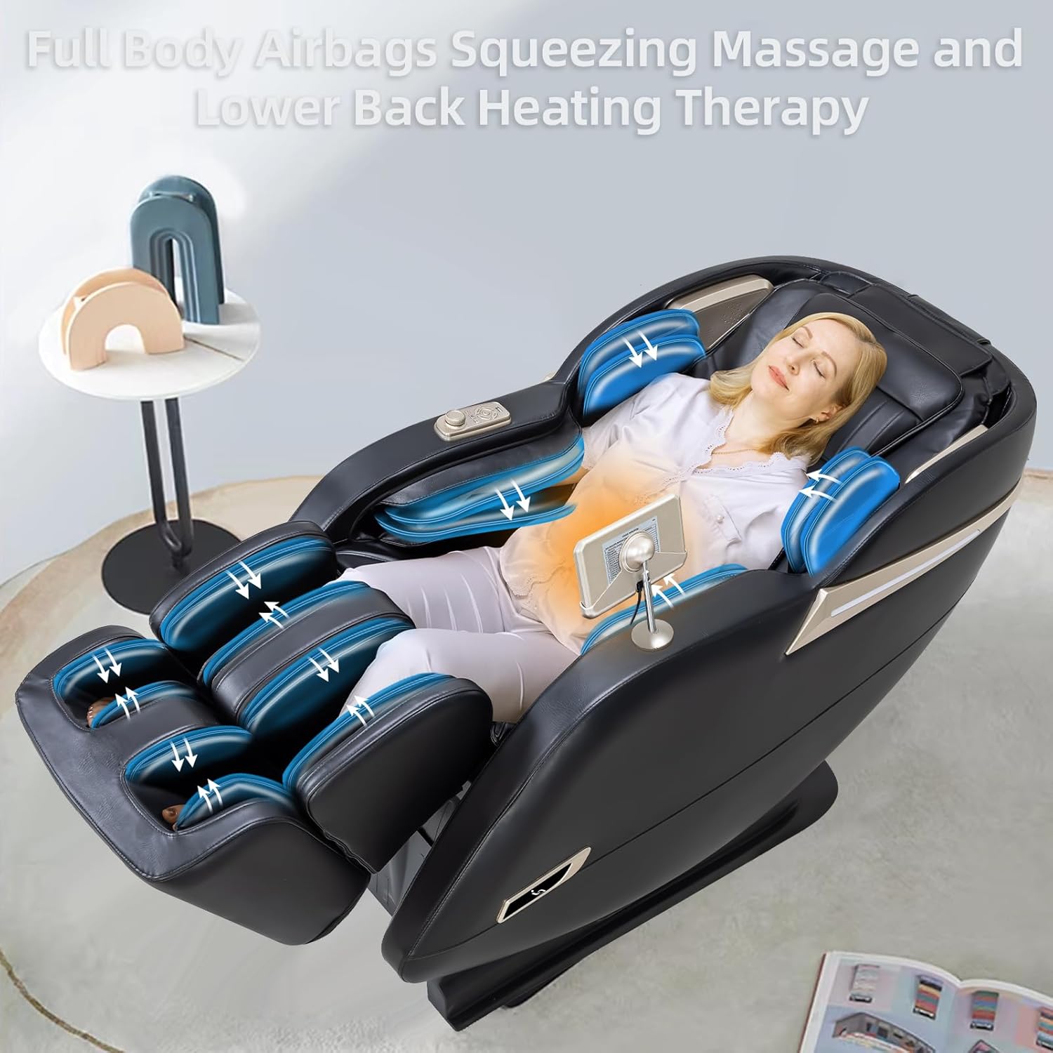Diagram showing airbag compression and lower back heating in the massage chair.